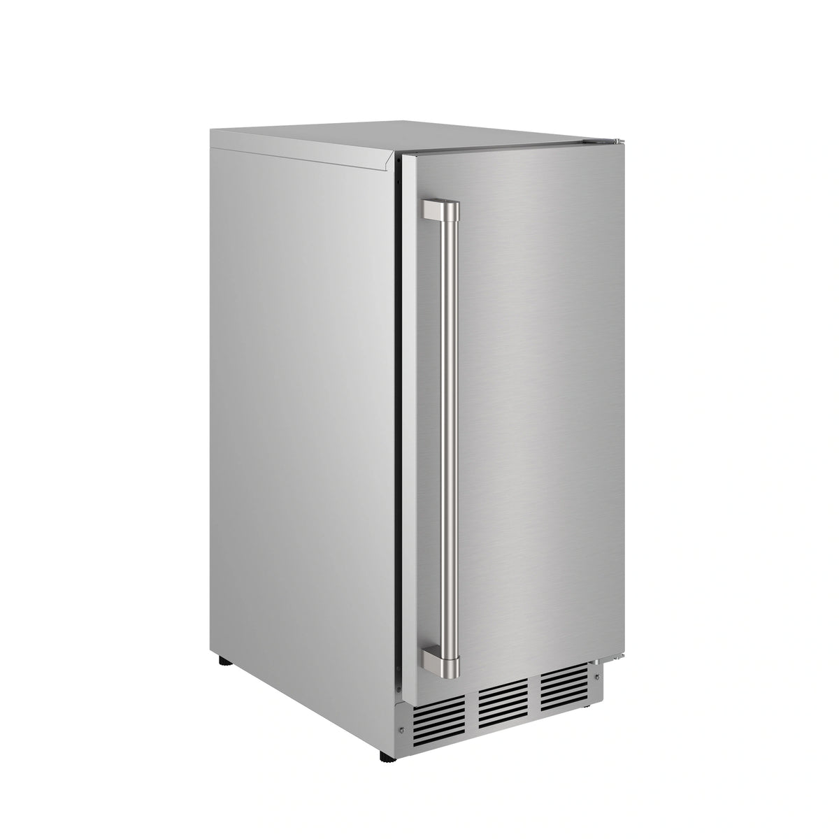 Stainless steel ice maker with tall side handle and vented front grille