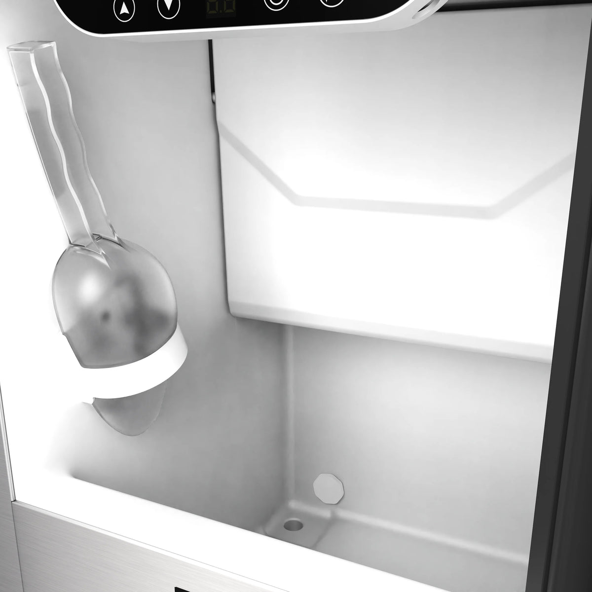 Stainless steel ice maker interior bin with ice scoop and drain area