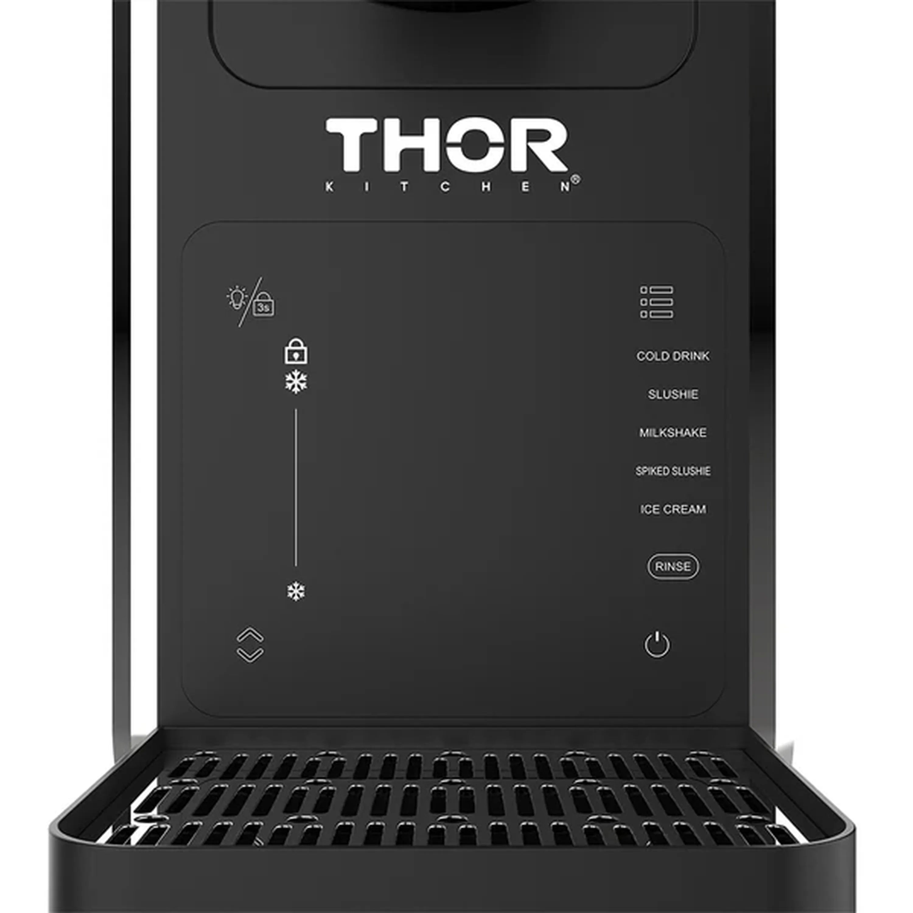 Black control panel for slushie machine showing drink menu icons and rinse option