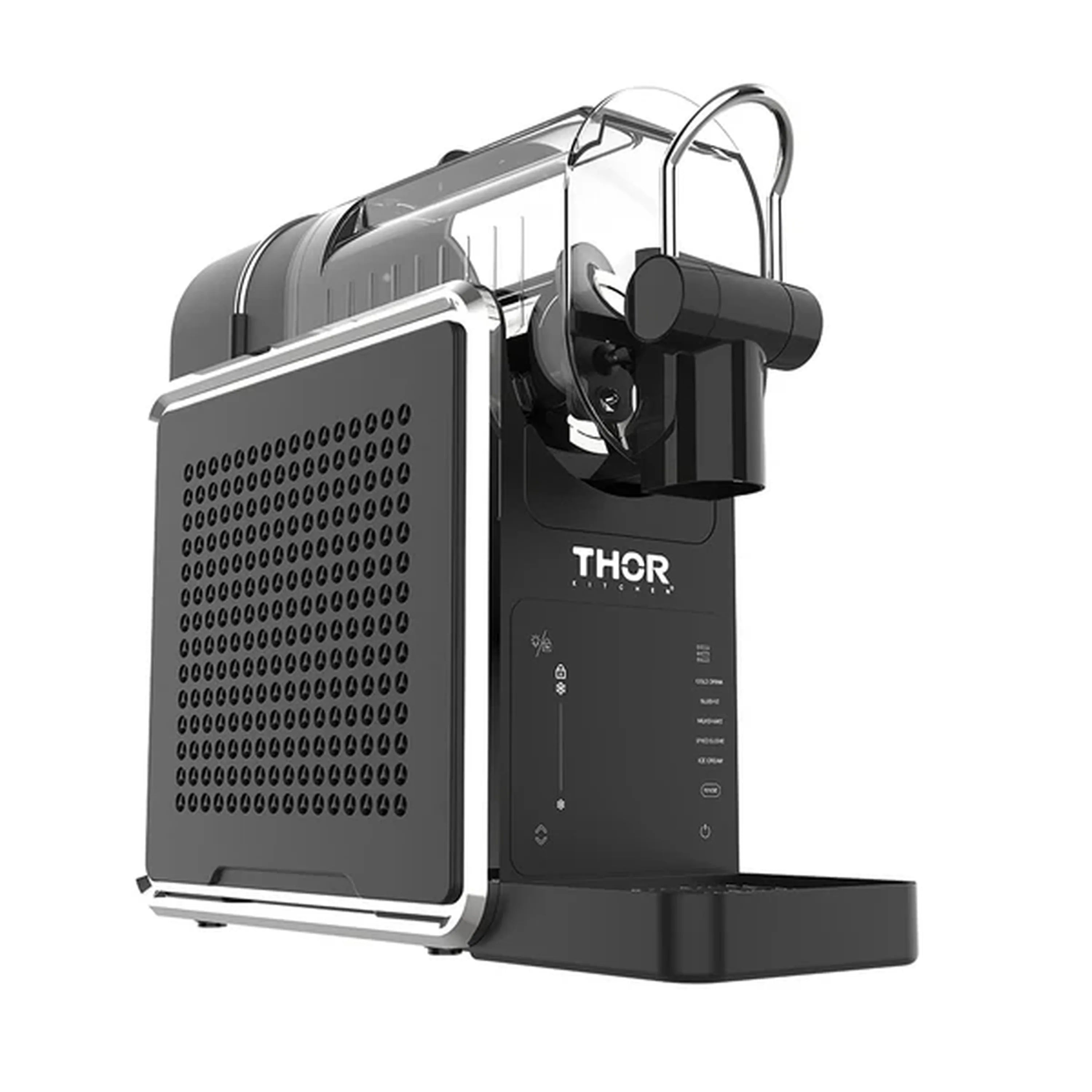 Black slushie machine with side grater panel and clear mixing chamber on base