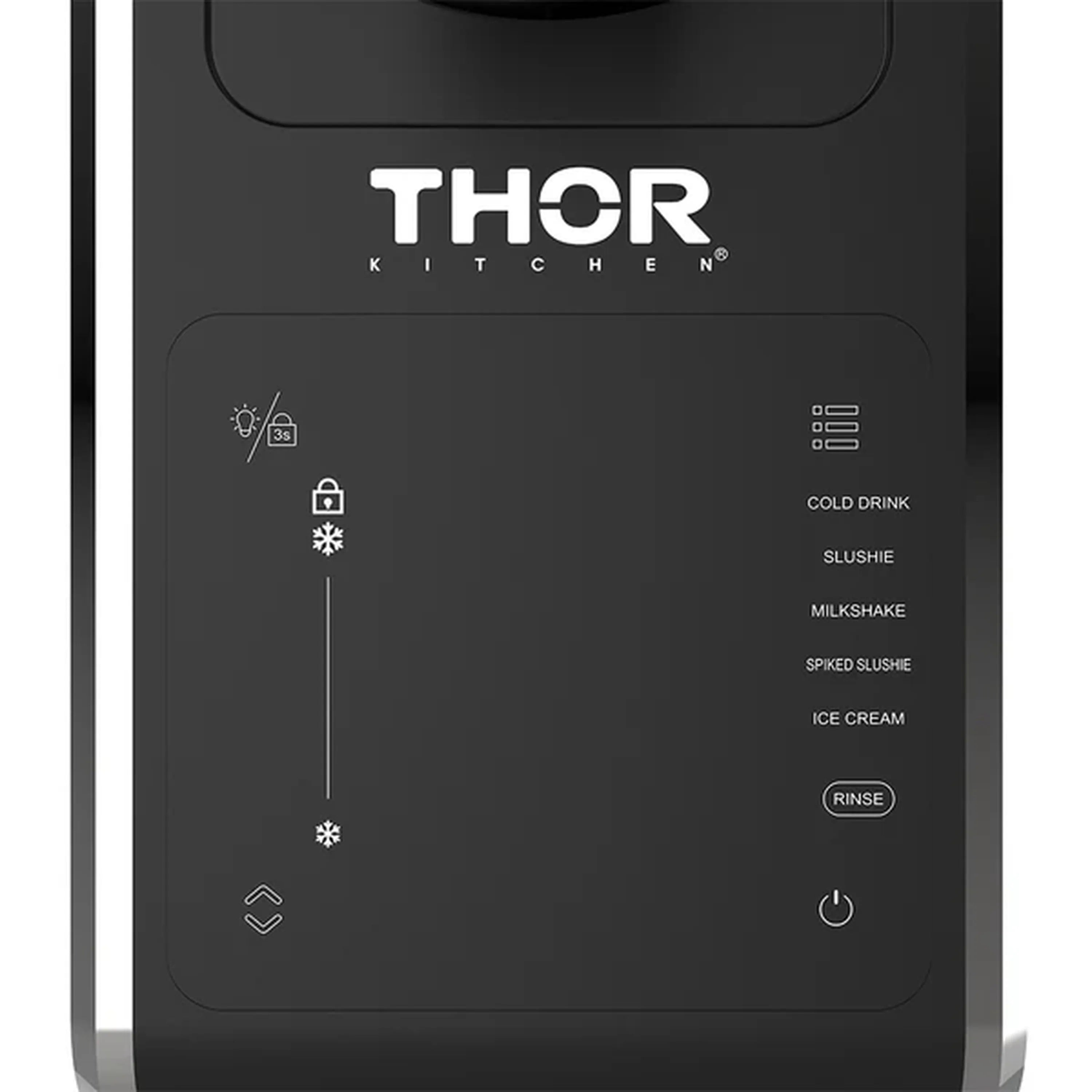 Close-up of black slushie machine control panel with THOR Kitchen branding