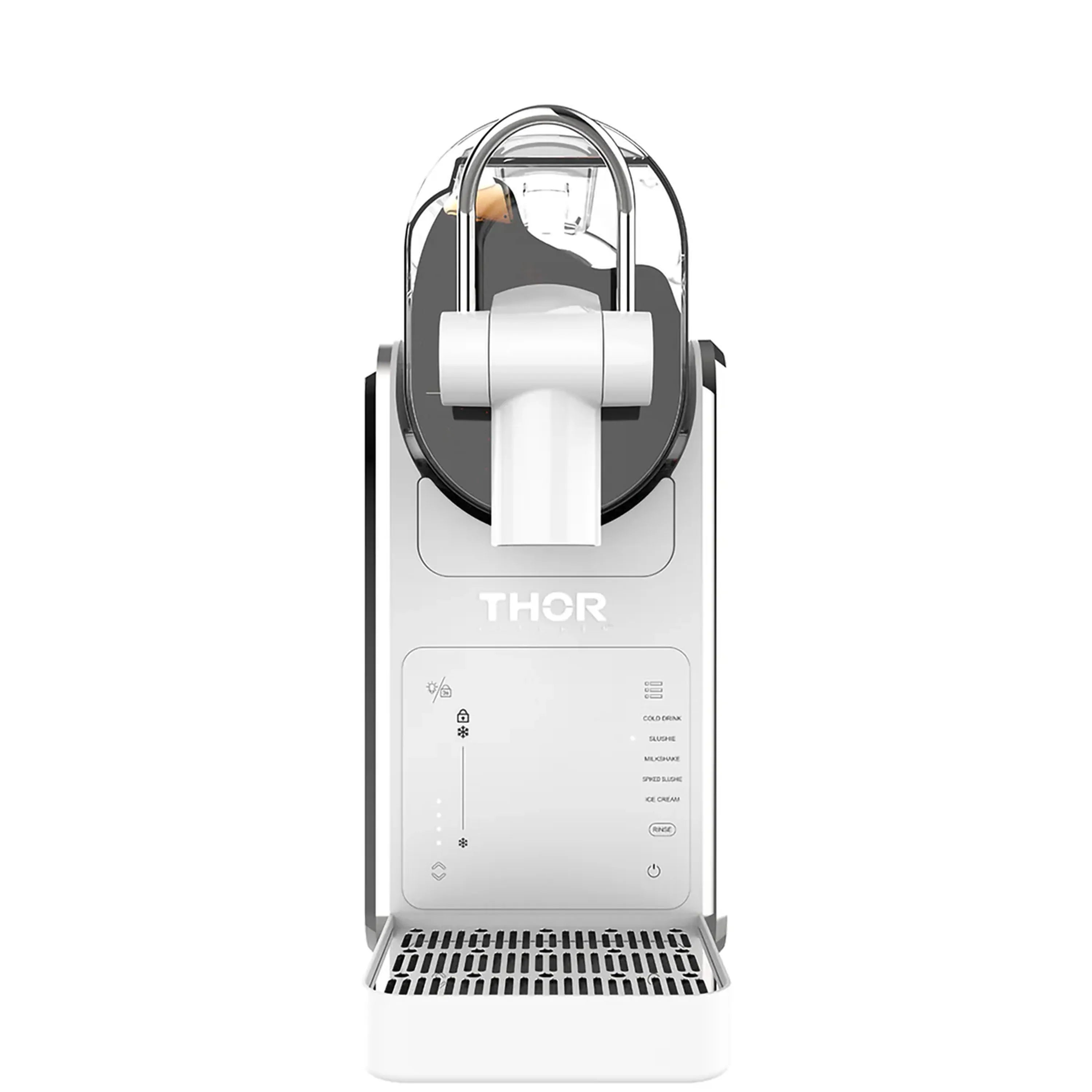 White slushie machine with clear top chamber, side handles, and front dispensing spout.