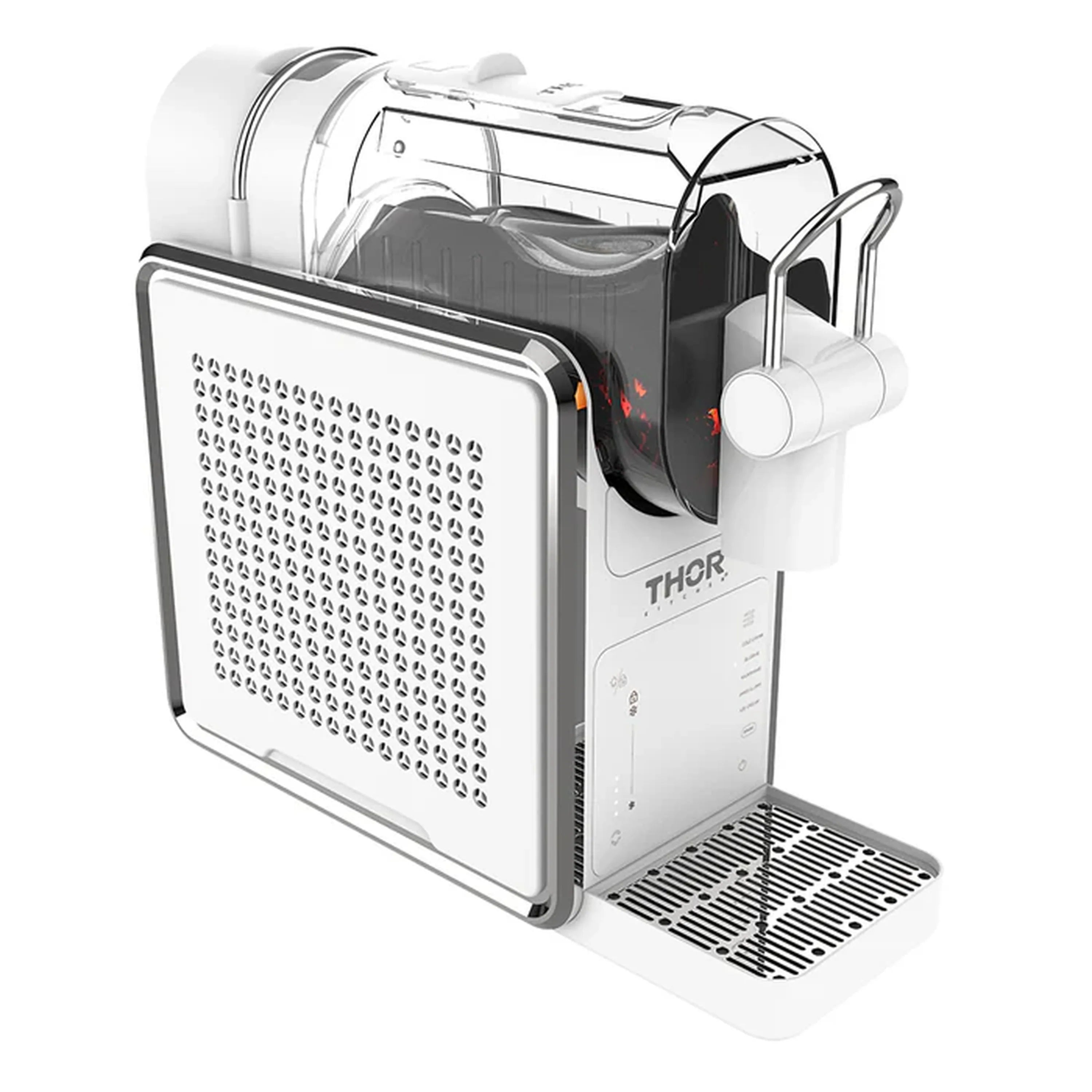 White slushie machine with side cooling panel, clear hopper, and front spout outlet.