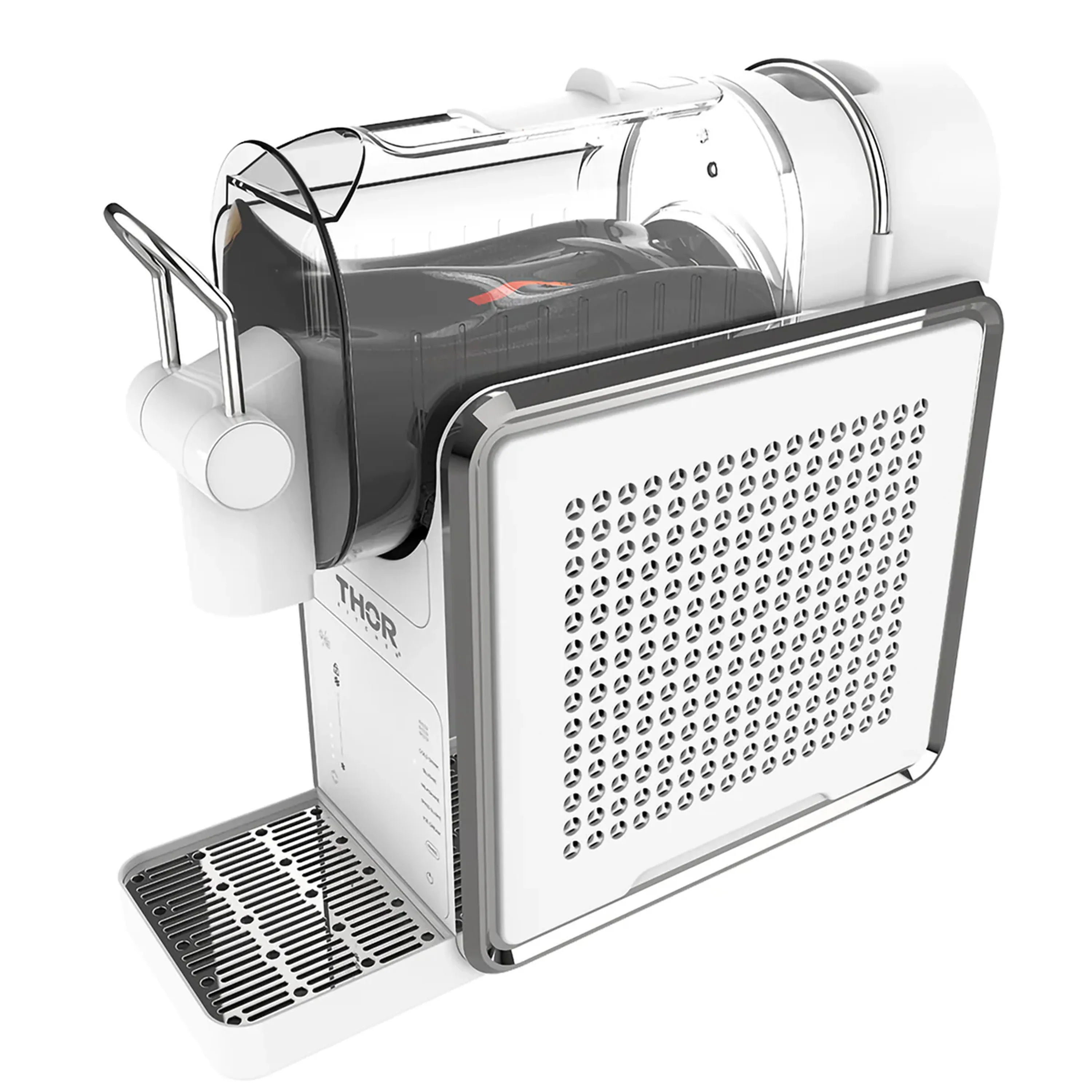 White slushie machine with perforated side panel, clear hopper chamber, and drip tray.