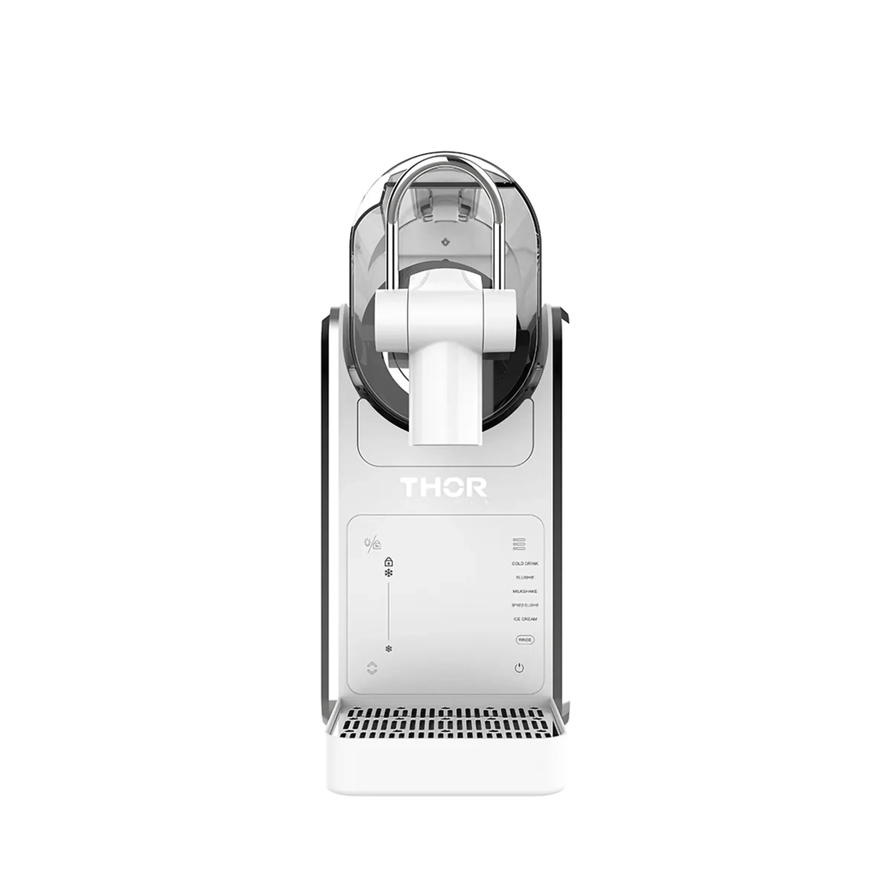 White slushie machine with clear top lid and front dispensing spout on drip tray.