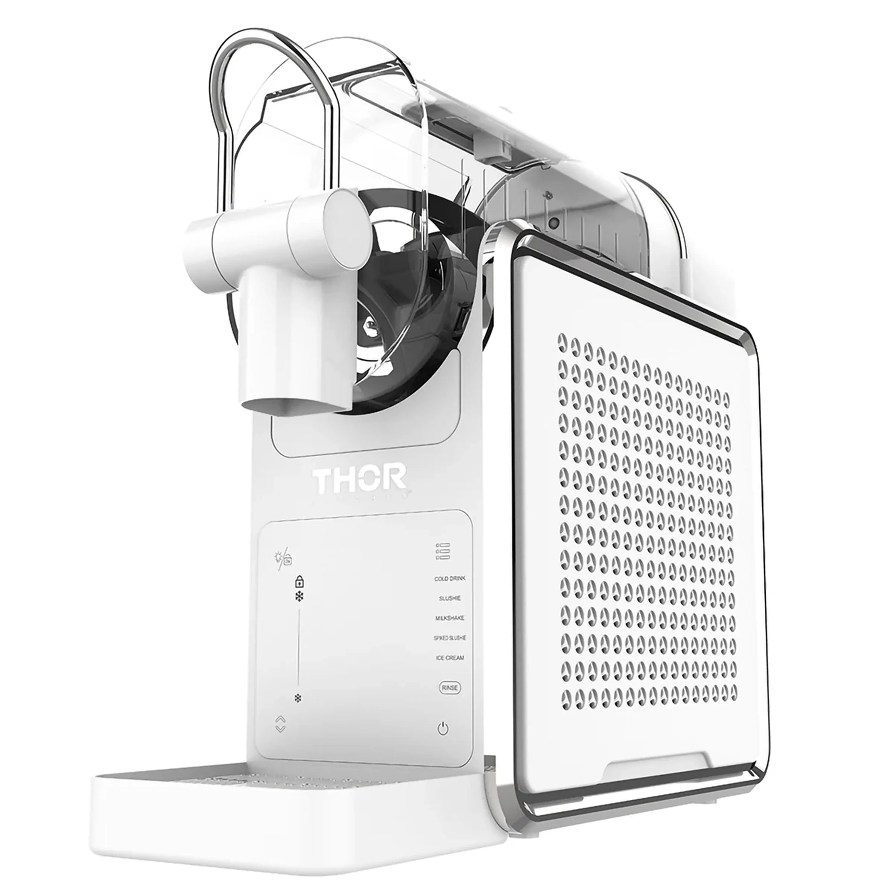 White slushie machine with transparent hopper and open side mixing panel.