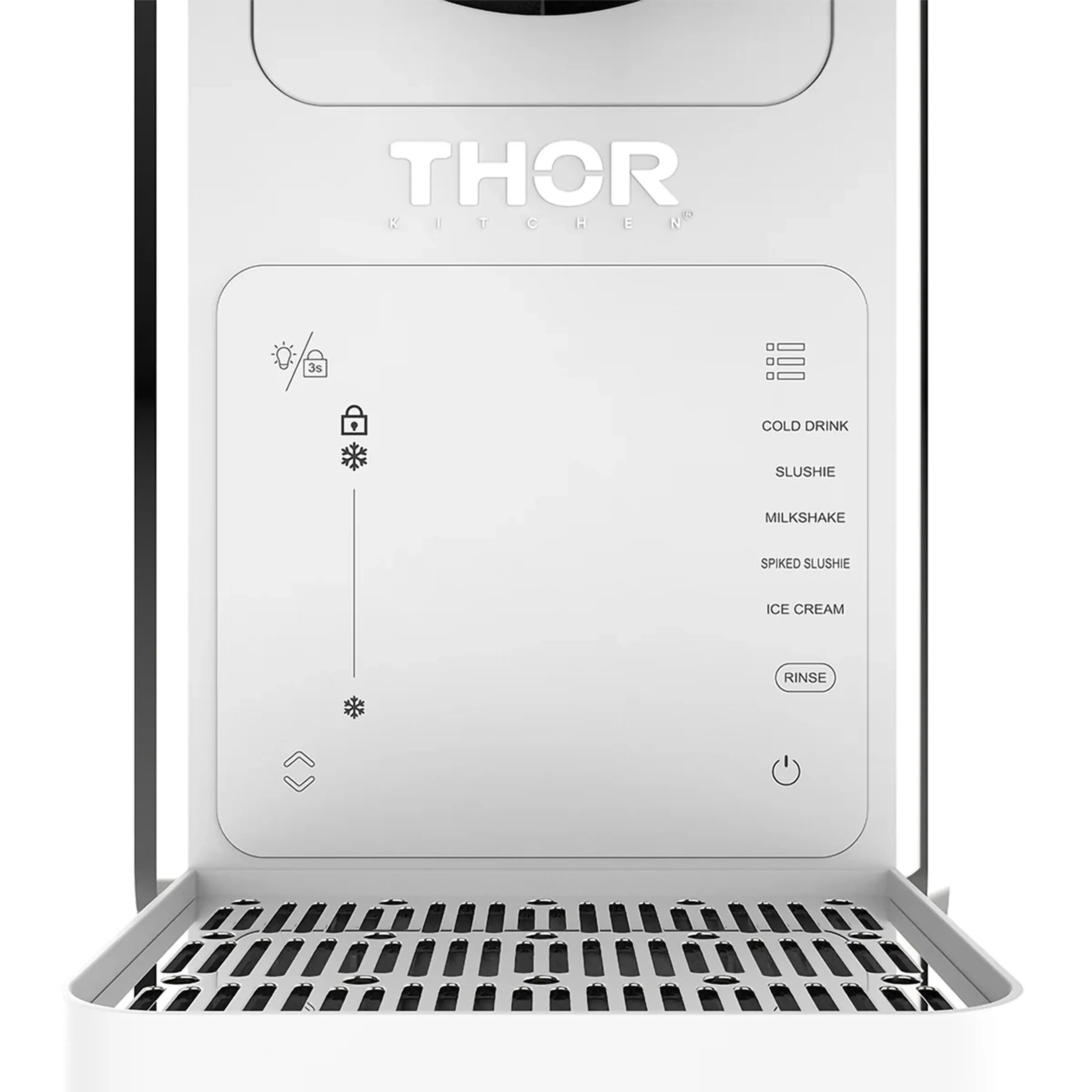 White slushie machine touch panel with cold drink, slushie options, and rinse button.