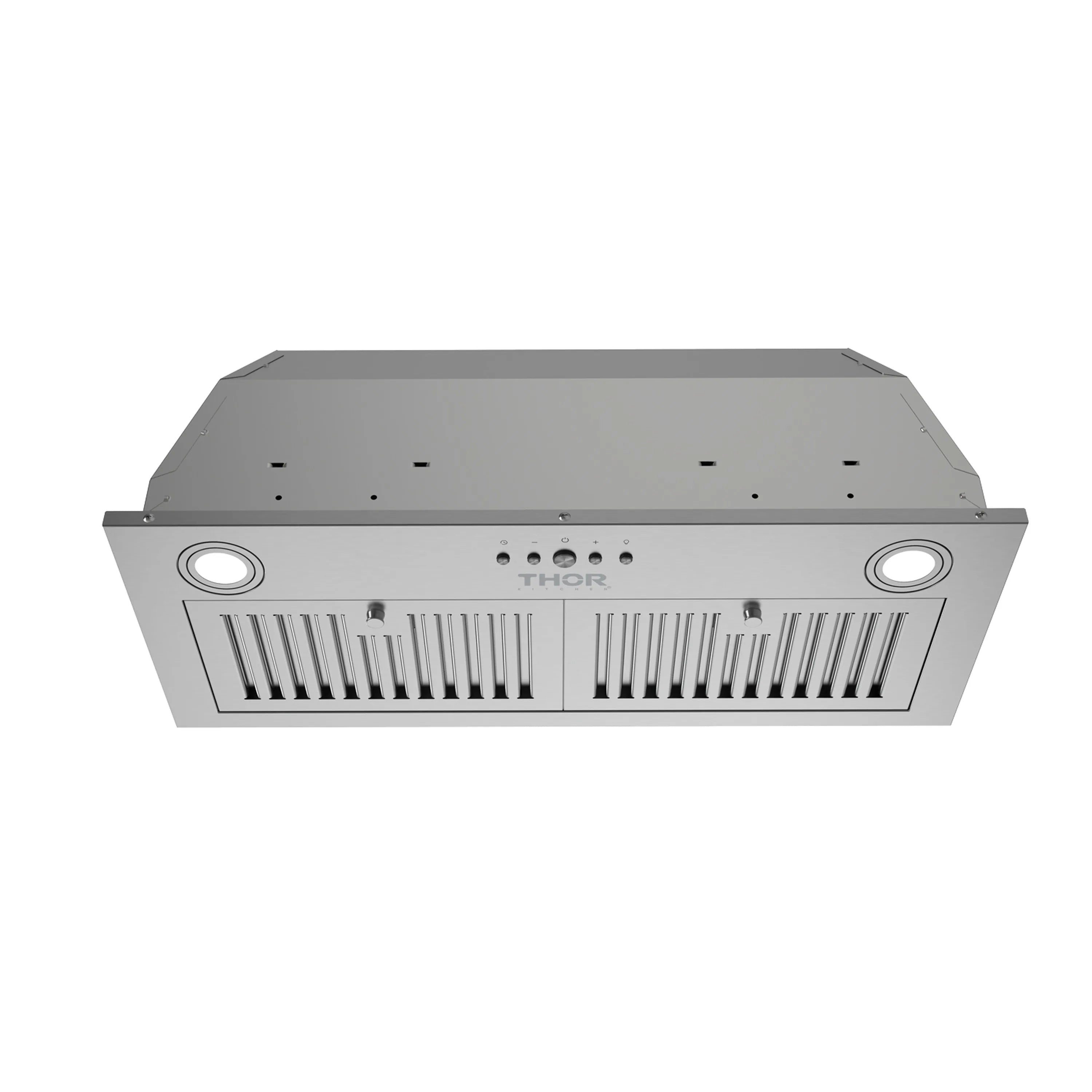 Stainless steel built-in range hood with baffle filter grille and two round light rings