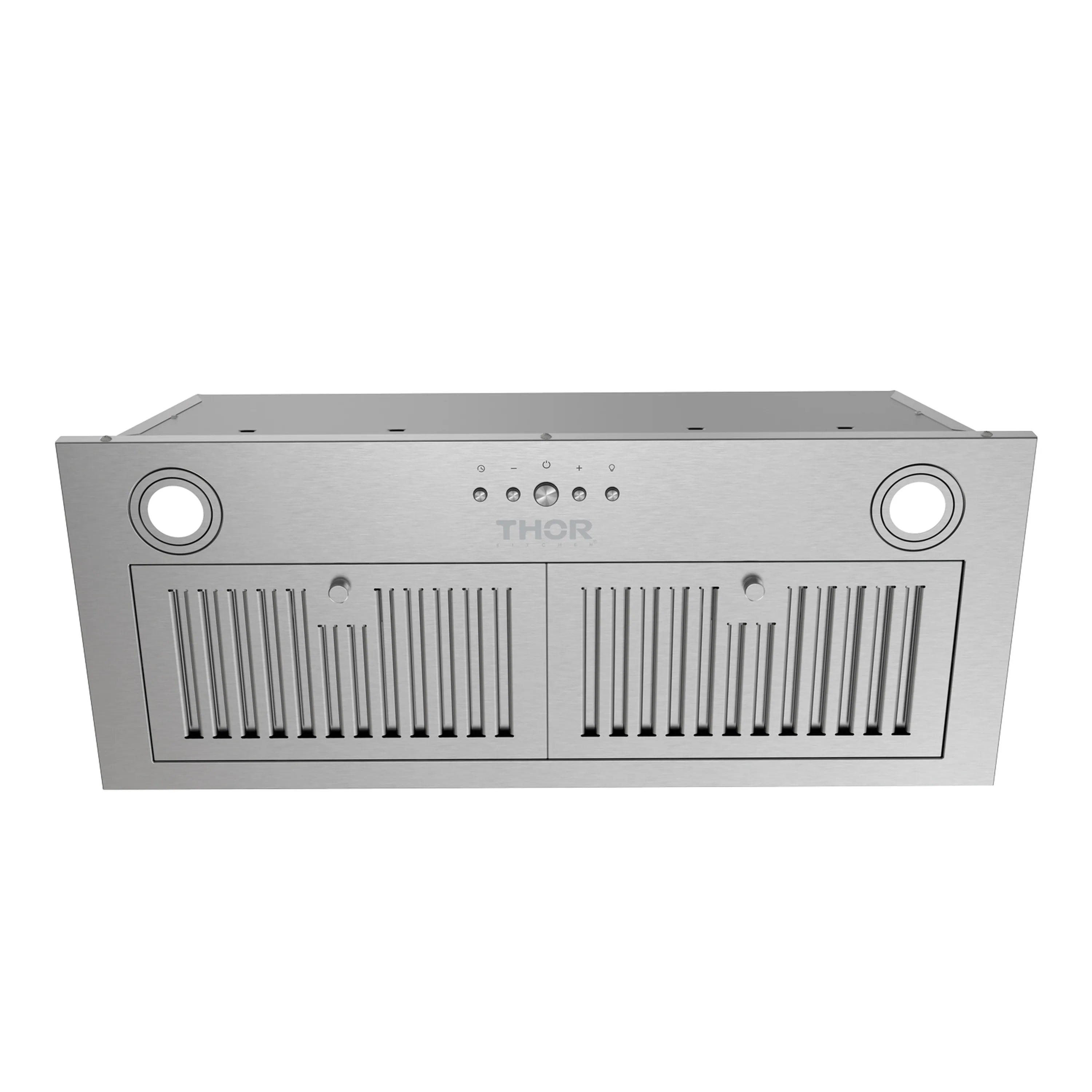 Stainless steel insert range hood front panel with baffle filter vents and two circular lights