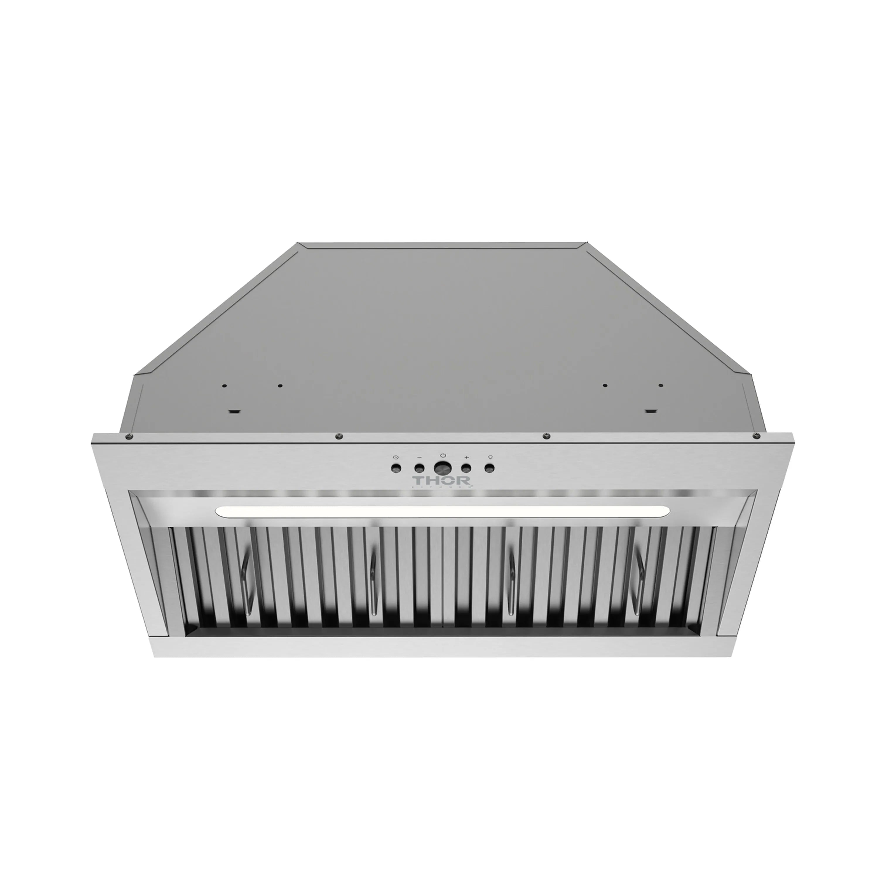Stainless steel hood insert front view with light strip and vertical grille bars