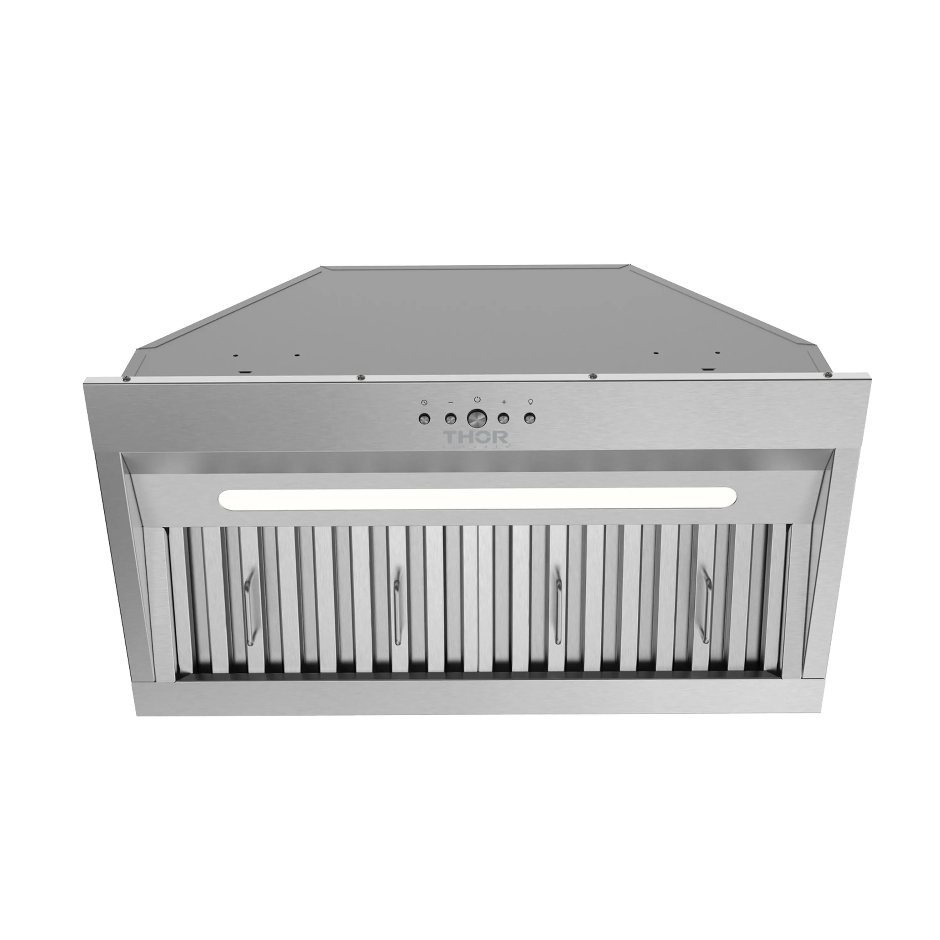 Stainless steel hood insert front view with horizontal light panel and vent slats