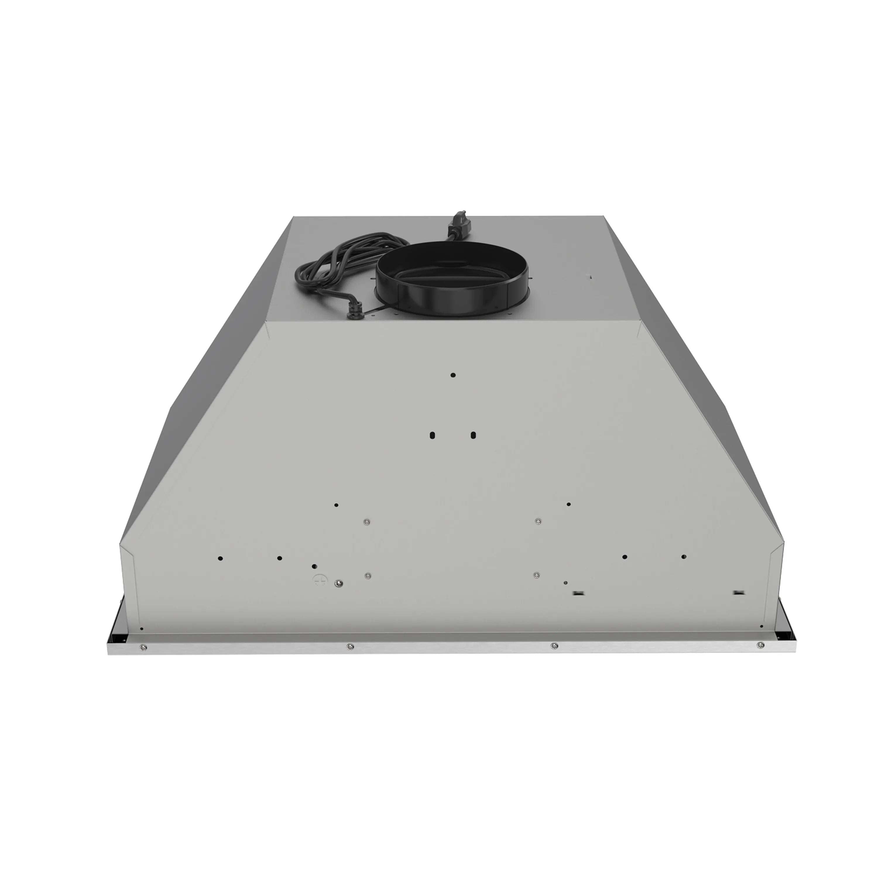 Stainless steel hood insert top view with black duct cover and mounting points