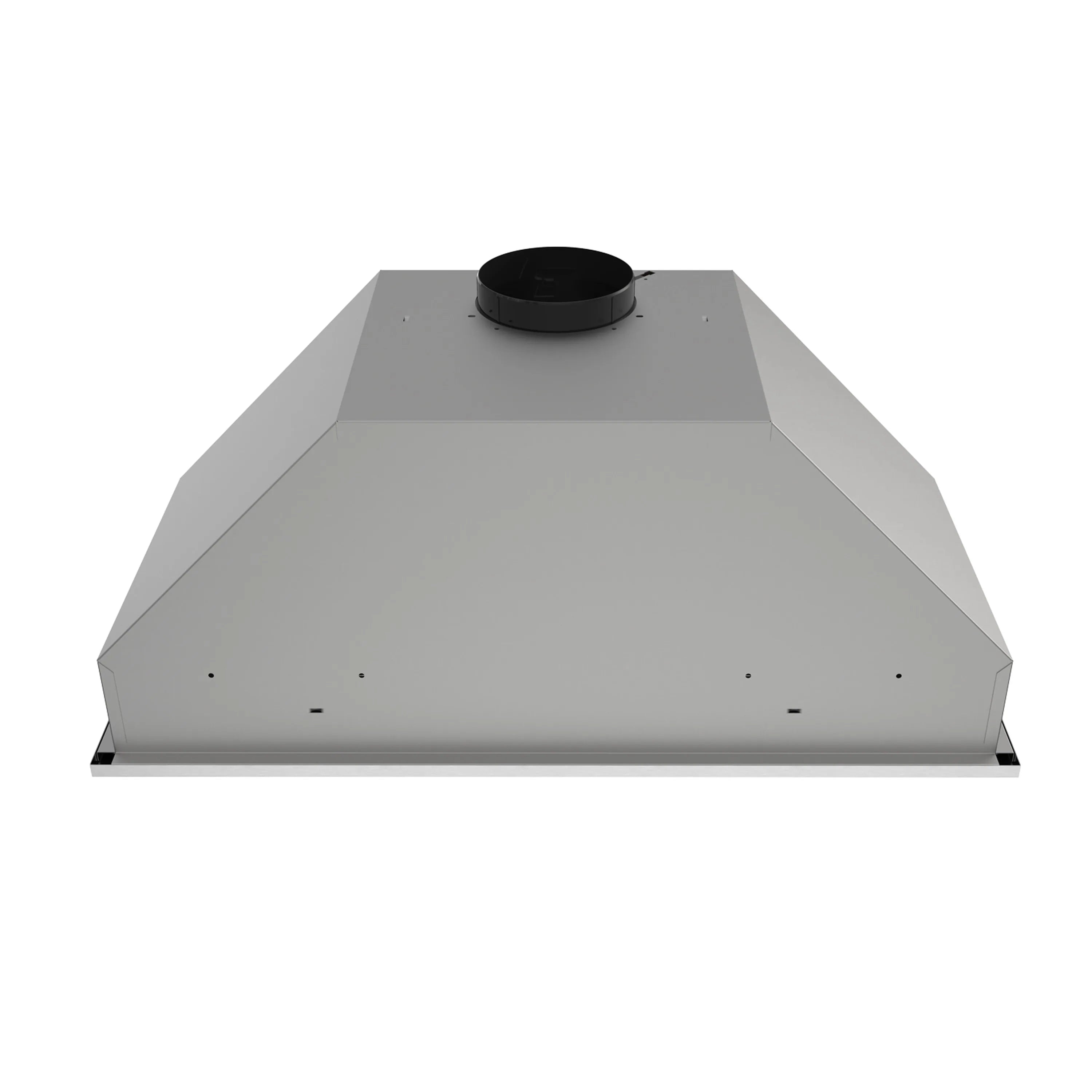 Stainless steel 34-inch hood insert with black round duct opening and angled baffle