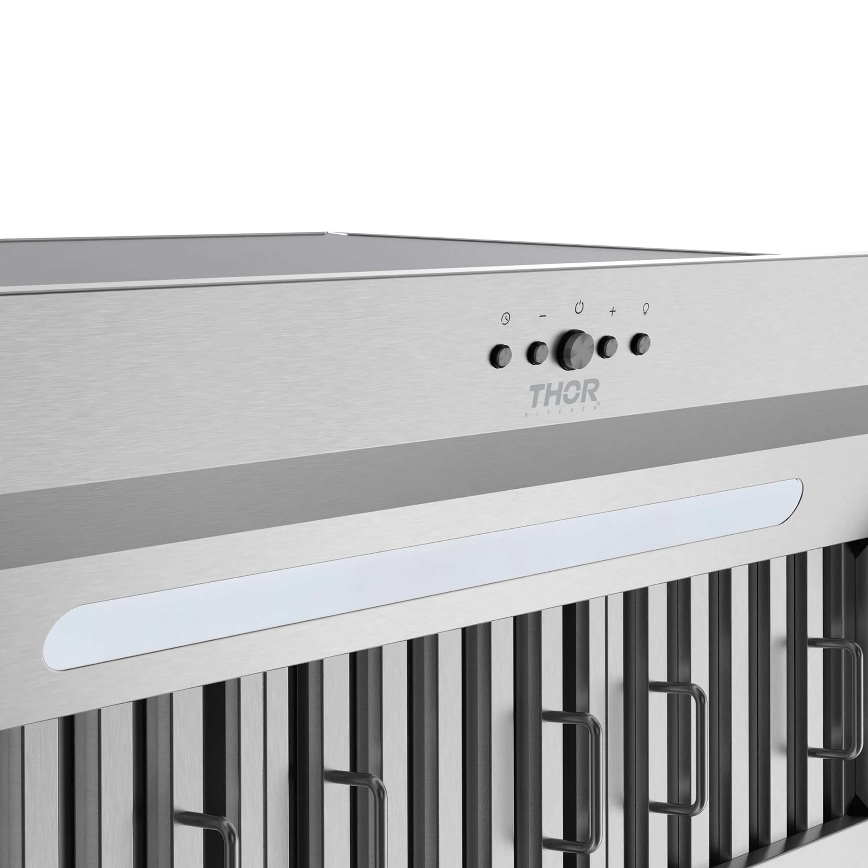 Stainless steel hood insert with THOR controls and long LED light bar above filters