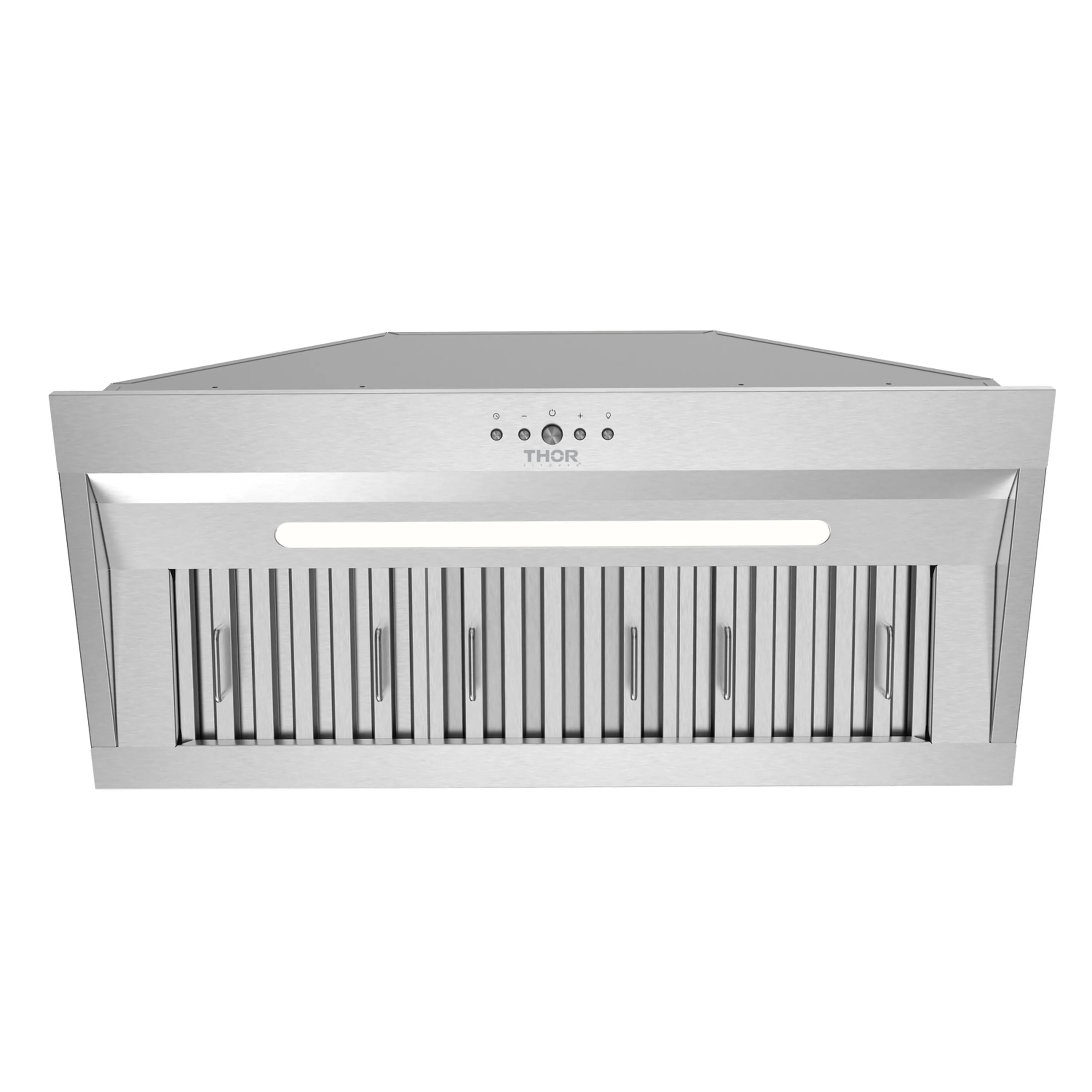 Stainless steel hood insert with front vent slats and LED light strip