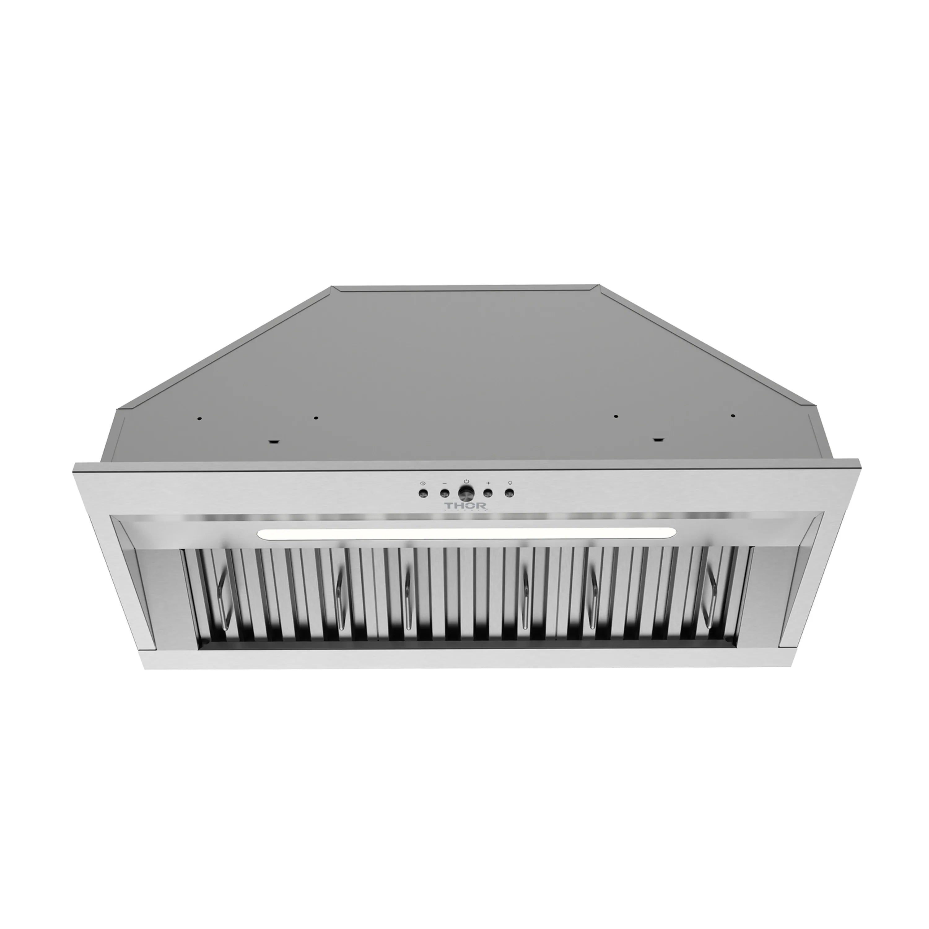 Stainless steel hood insert with THOR logo, LED light, and chimney-style baffle