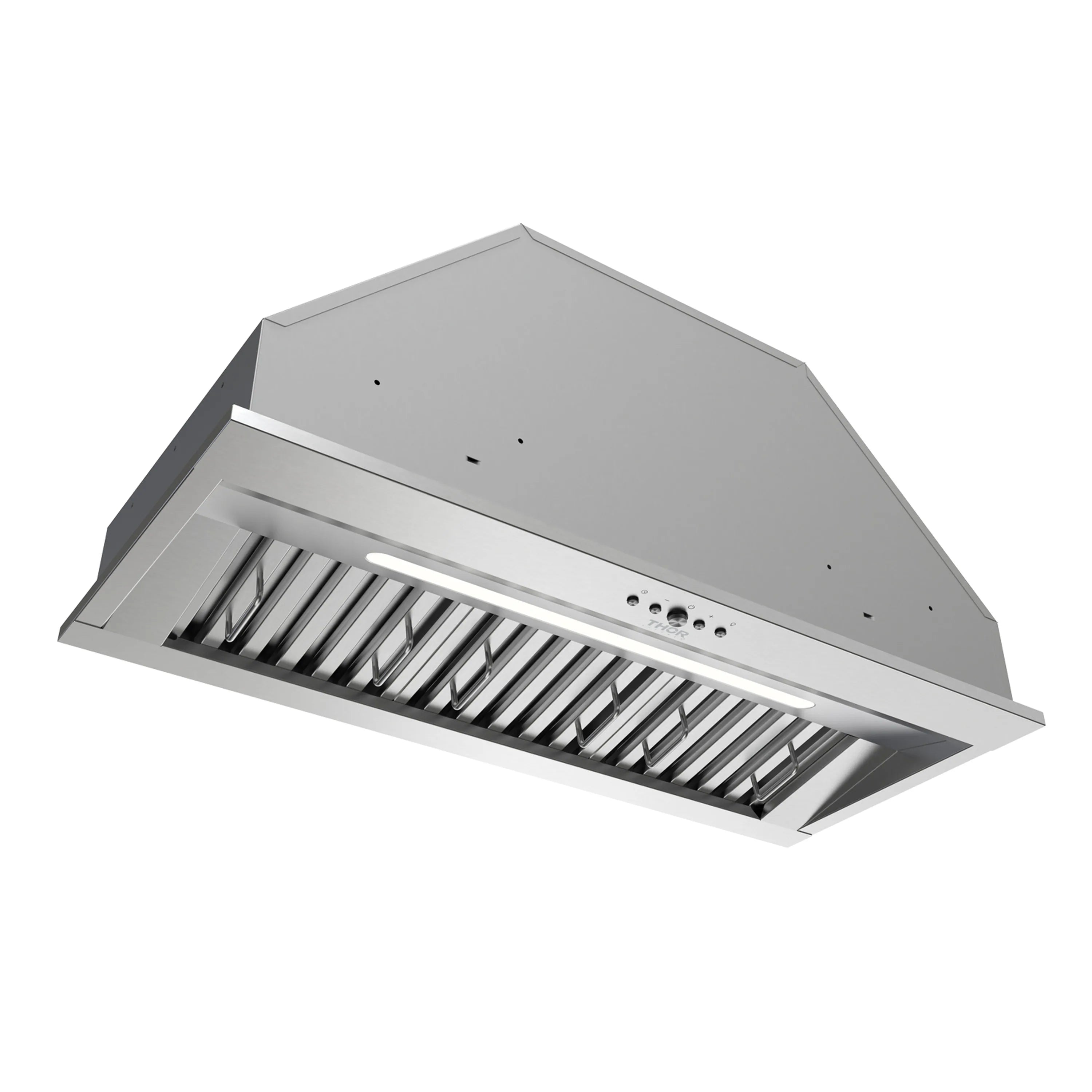 Stainless steel hood insert with angled view of baffle, vertical filters, and LED light