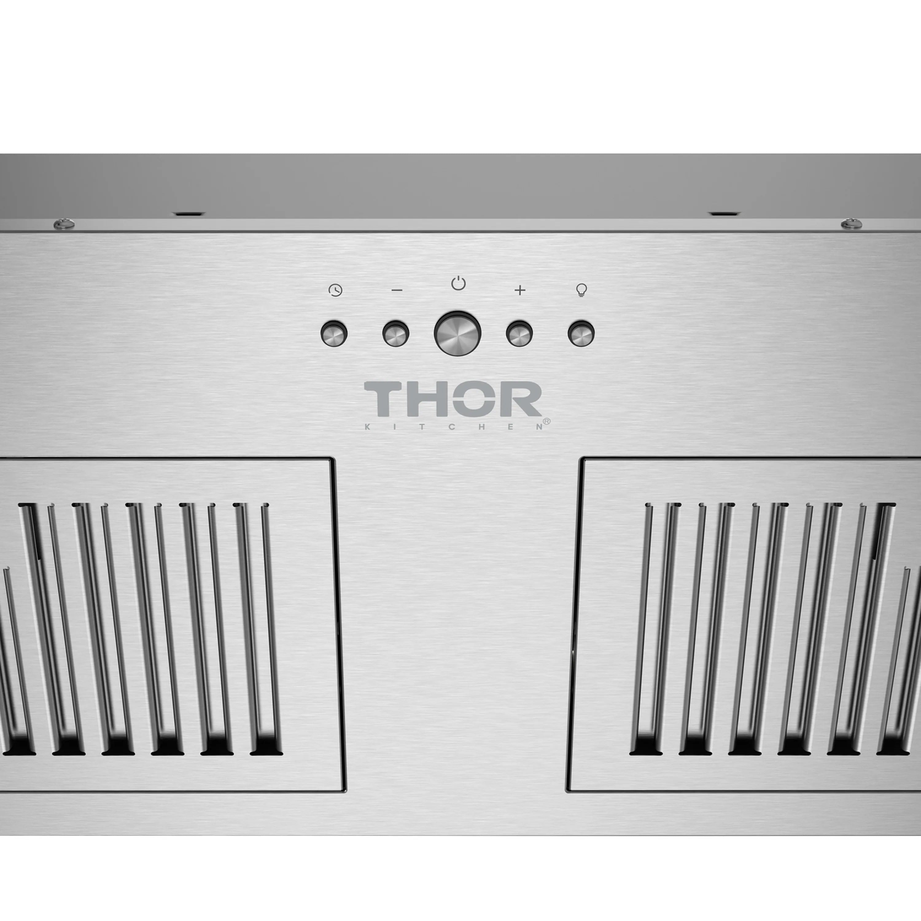 Stainless steel hood insert control panel with THOR logo and plus/minus style buttons