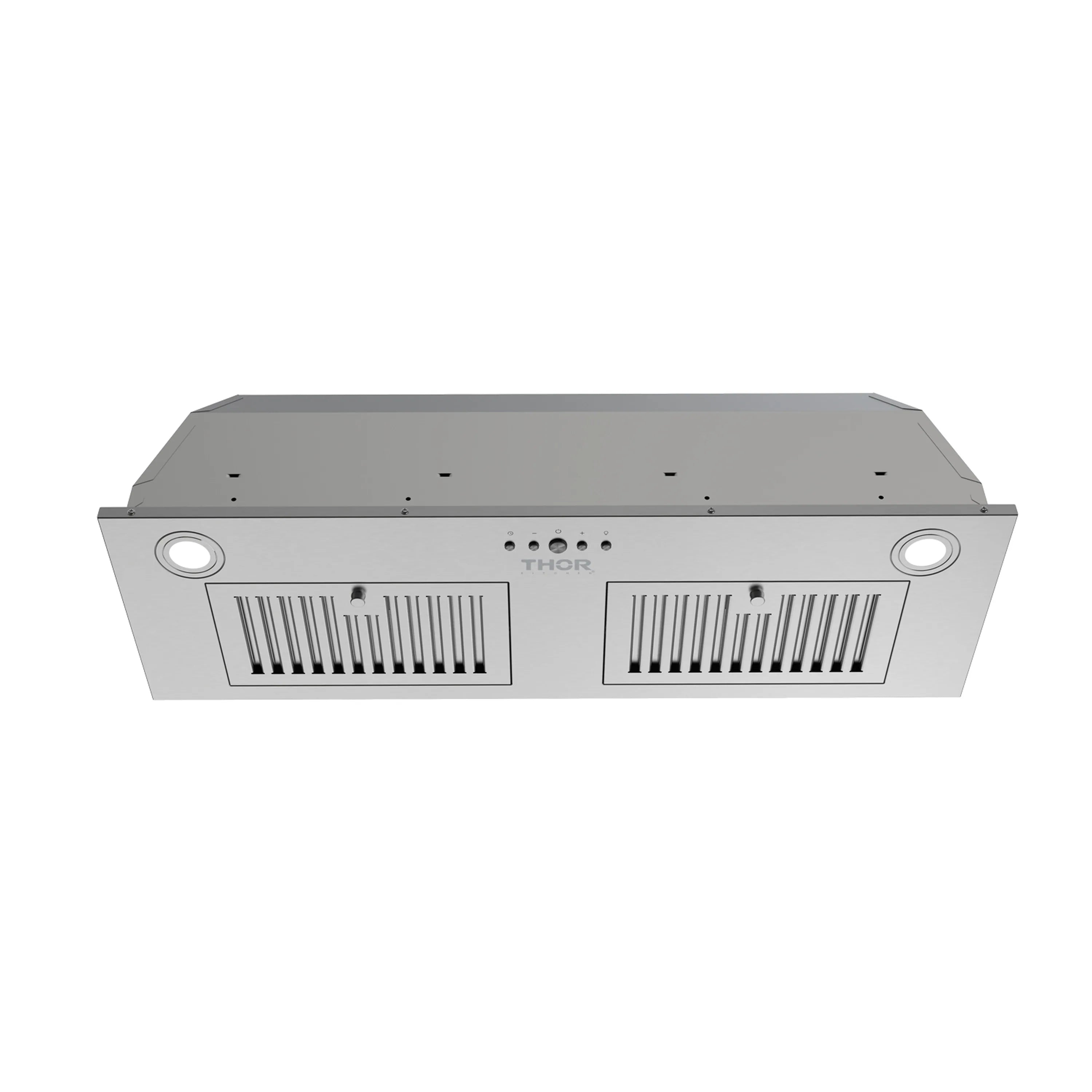 Stainless steel hood insert front view with two vent grilles and two round light rings
