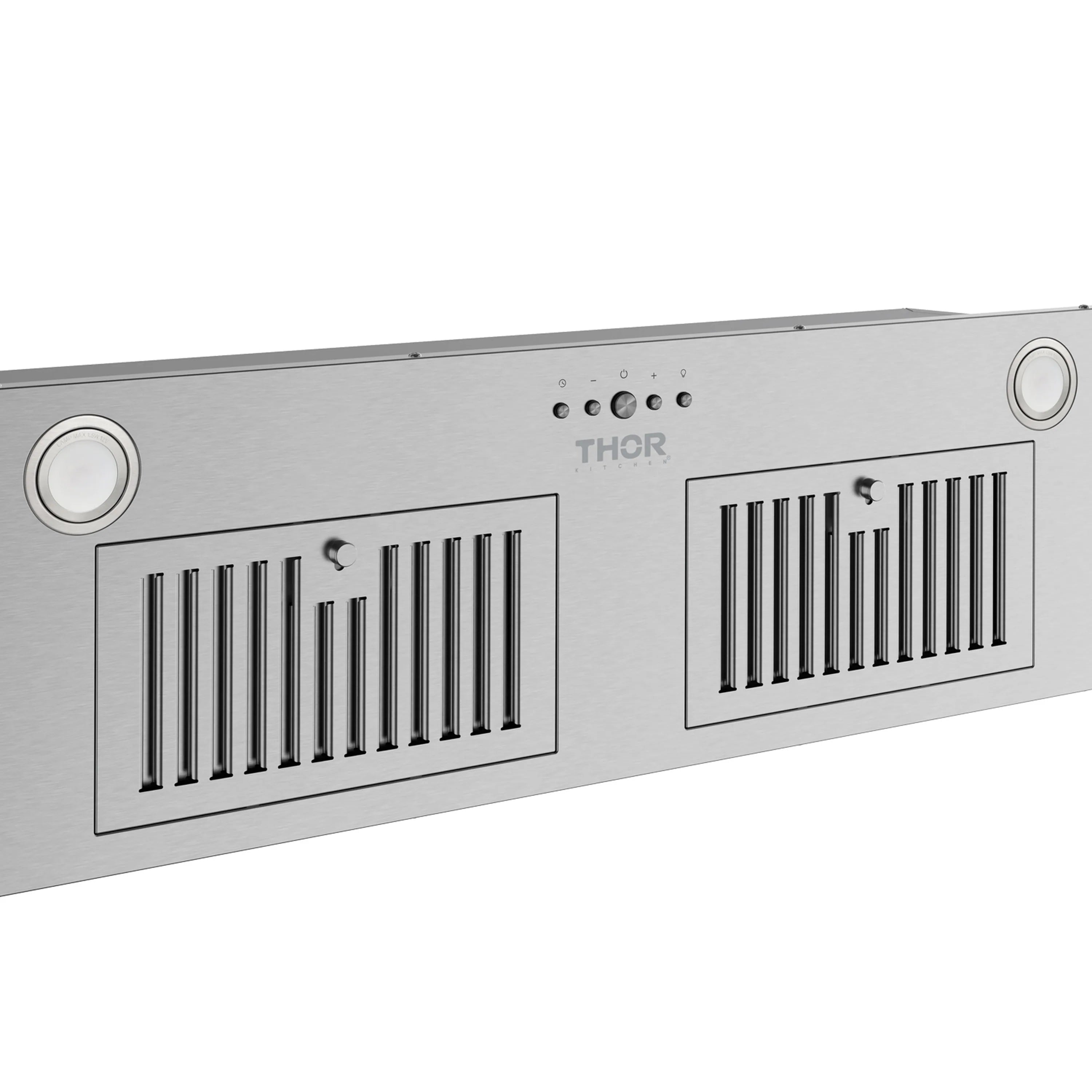 Stainless steel hood insert close-up with two vent grilles, THOR branding, and indicator controls