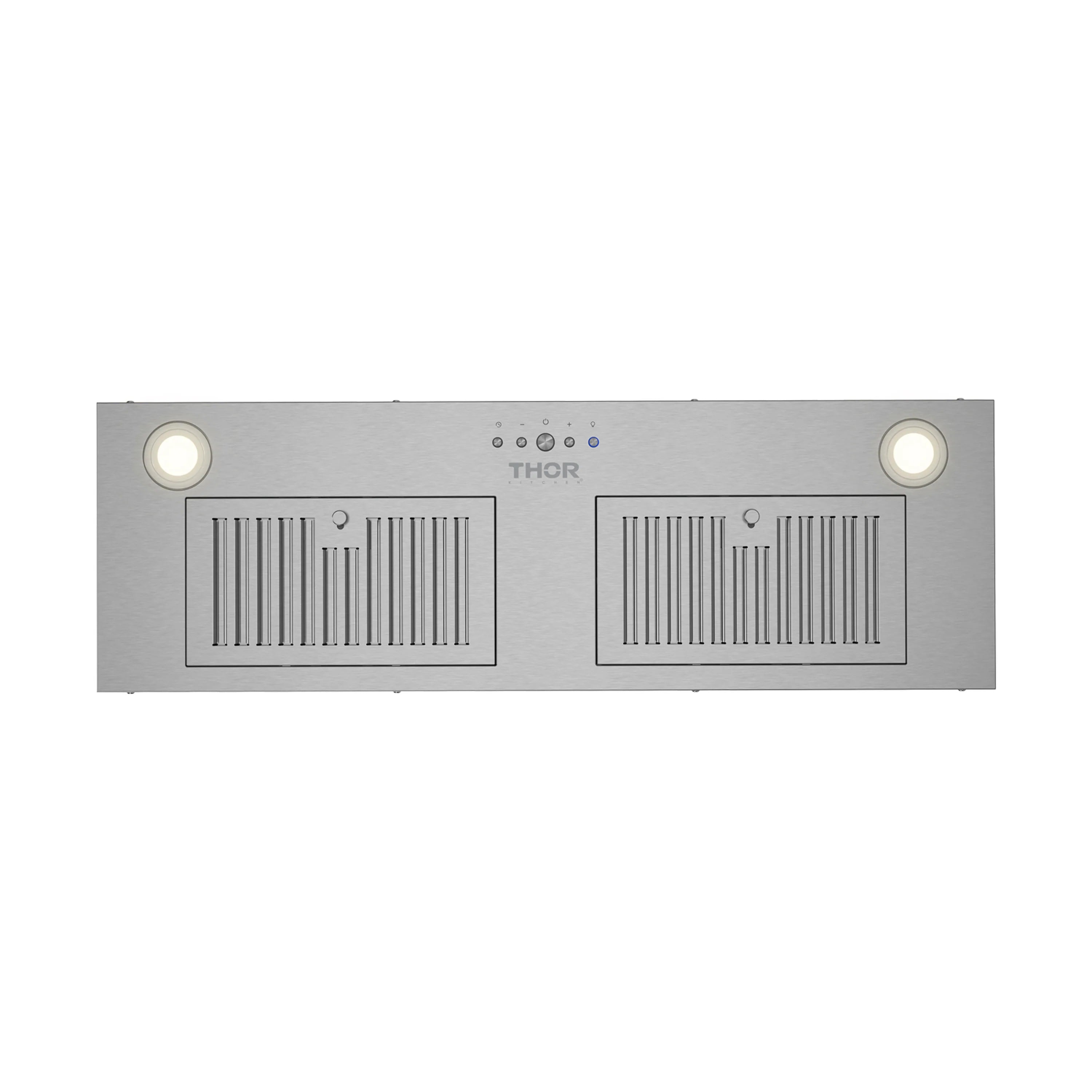 Stainless steel hood insert with two vent grilles and two illuminated round light rings