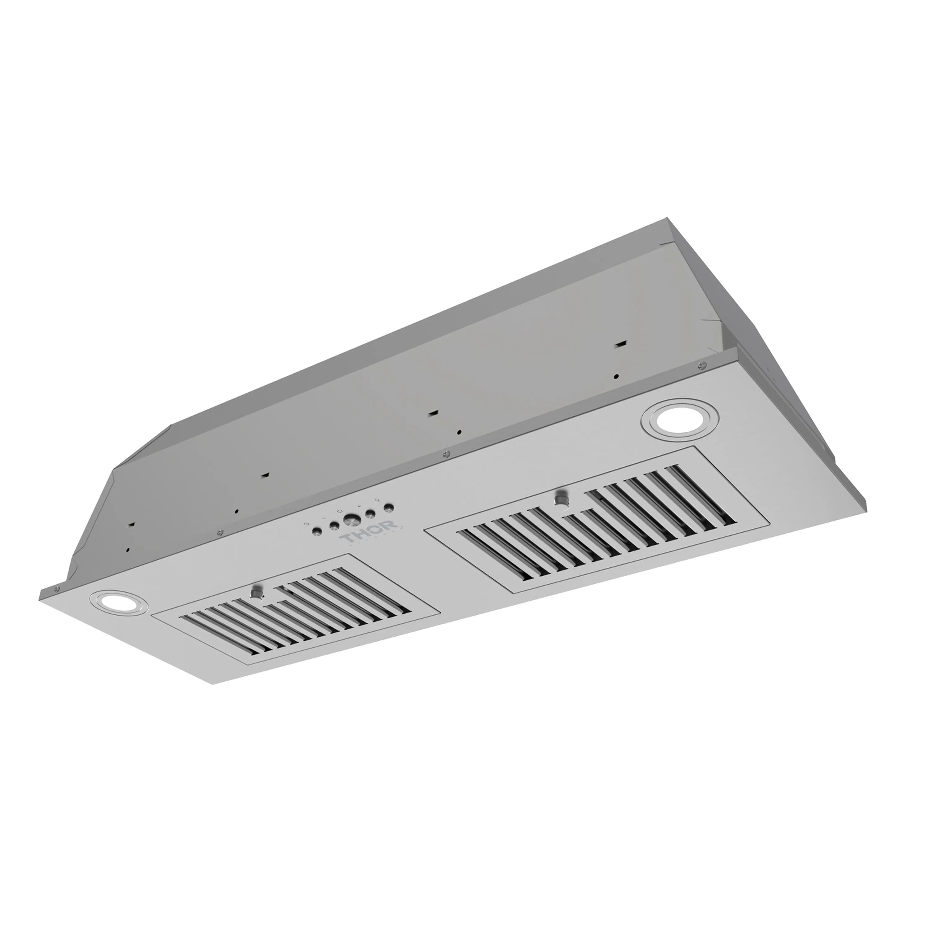 Stainless steel hood insert angled view with two vent grilles, round lights, and interior panel