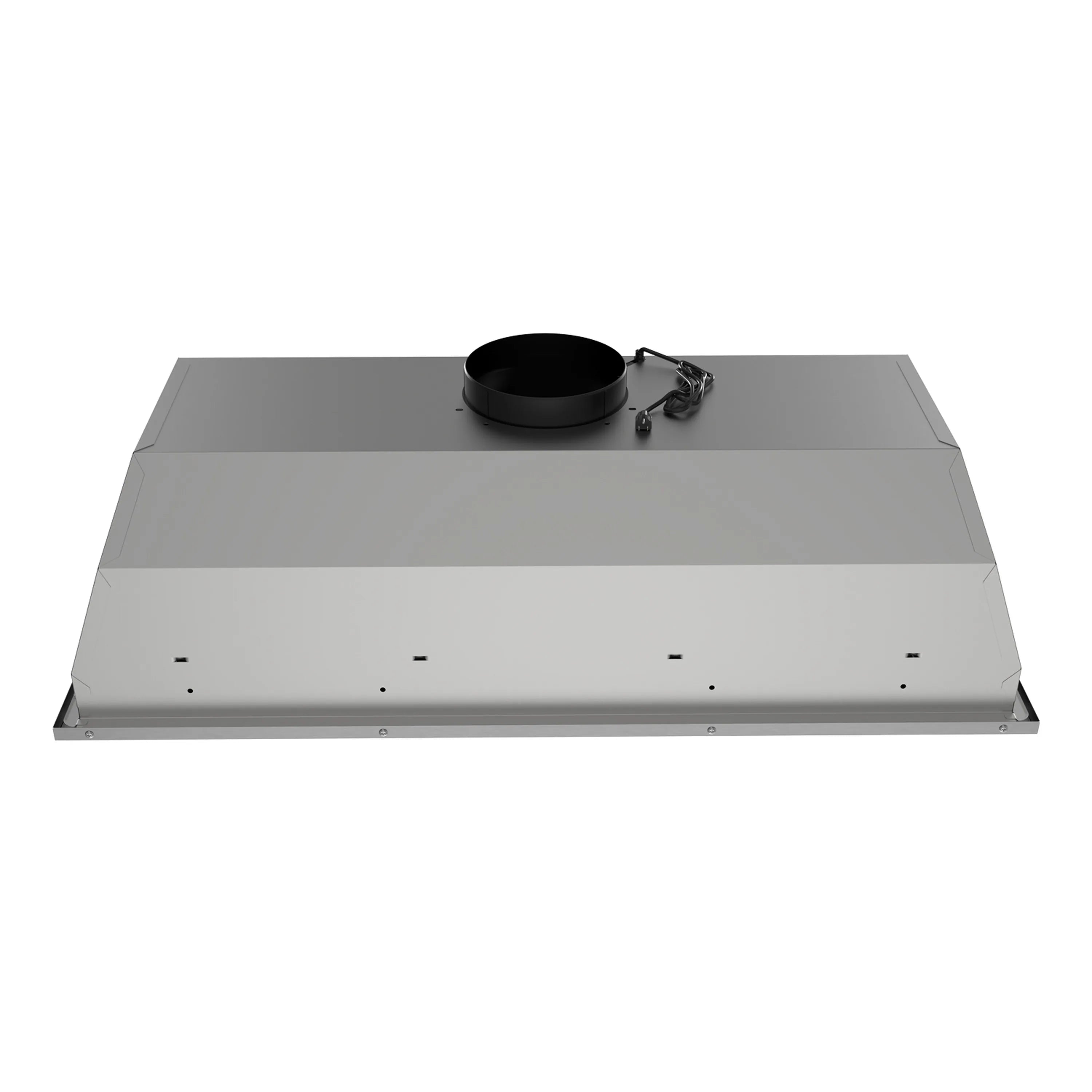 Stainless steel hood insert underside with a centered black duct collar and mounting details