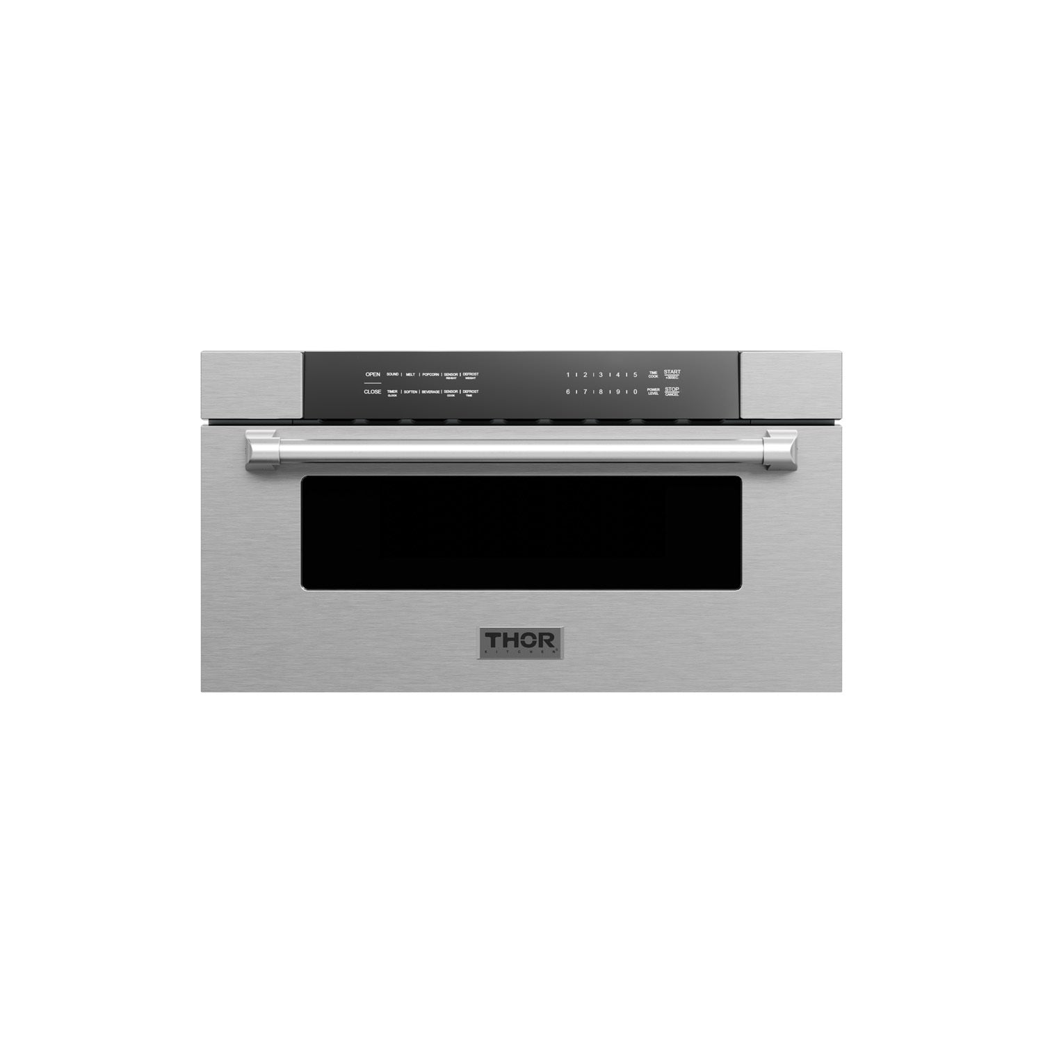 Built-in microwave drawer with stainless-steel door and black rectangular viewing window.