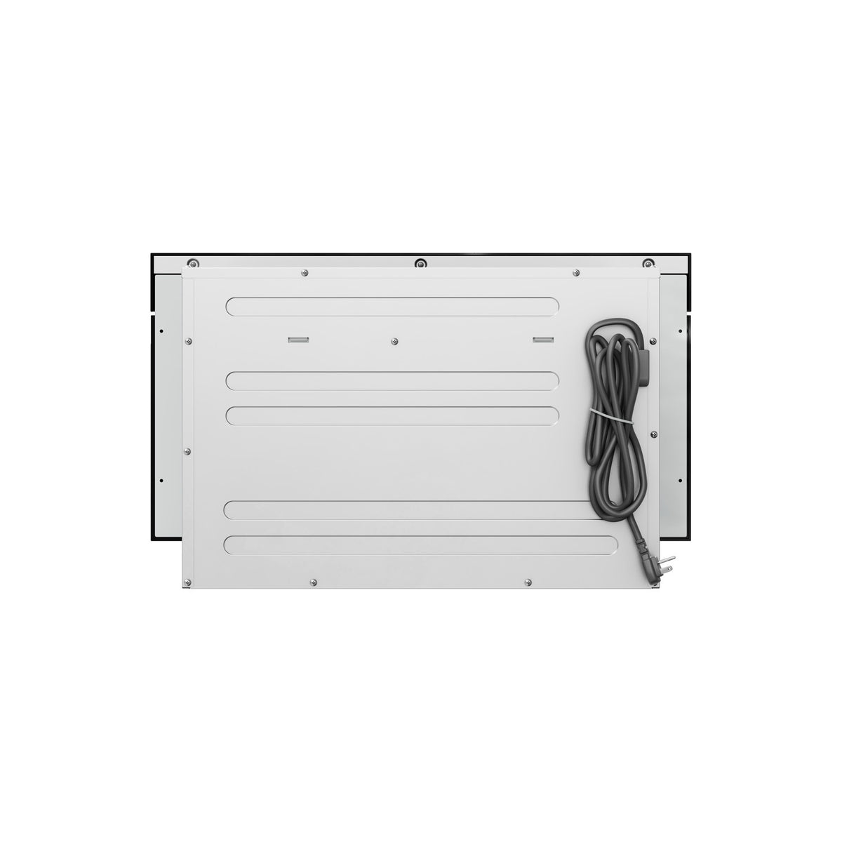 Built-in microwave drawer rear panel with vented grille and attached power cord.