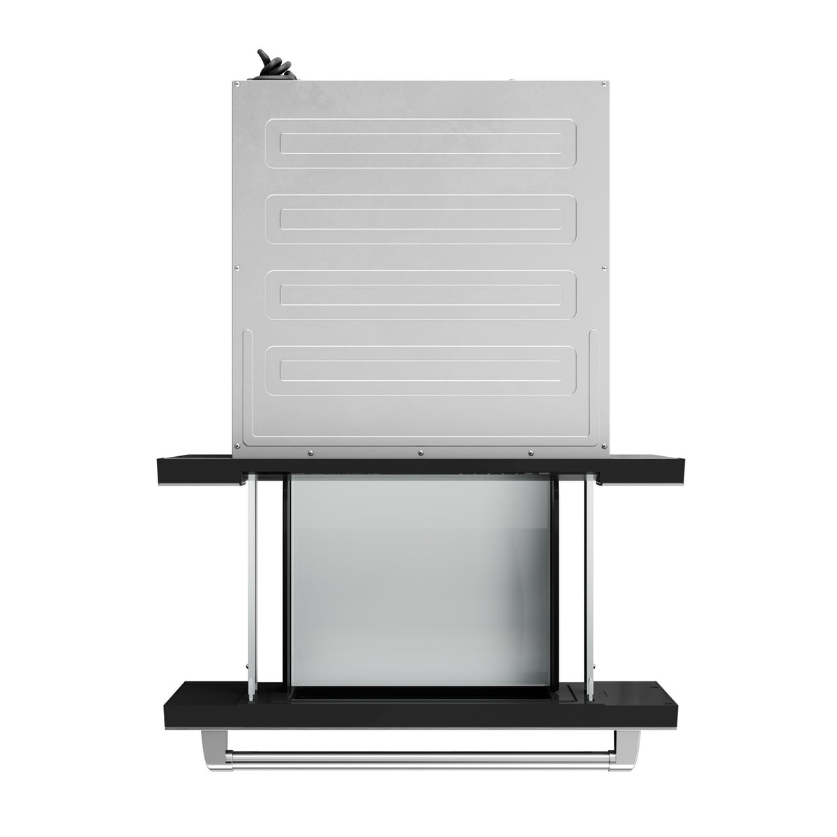 Built-in microwave drawer with open frame showing rear access panel and dark cavity.