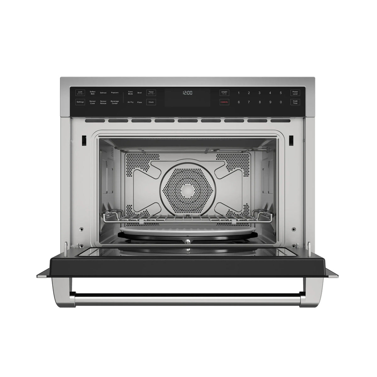 Built-in air fry microwave oven with drop-down door open, interior fan and rack visible