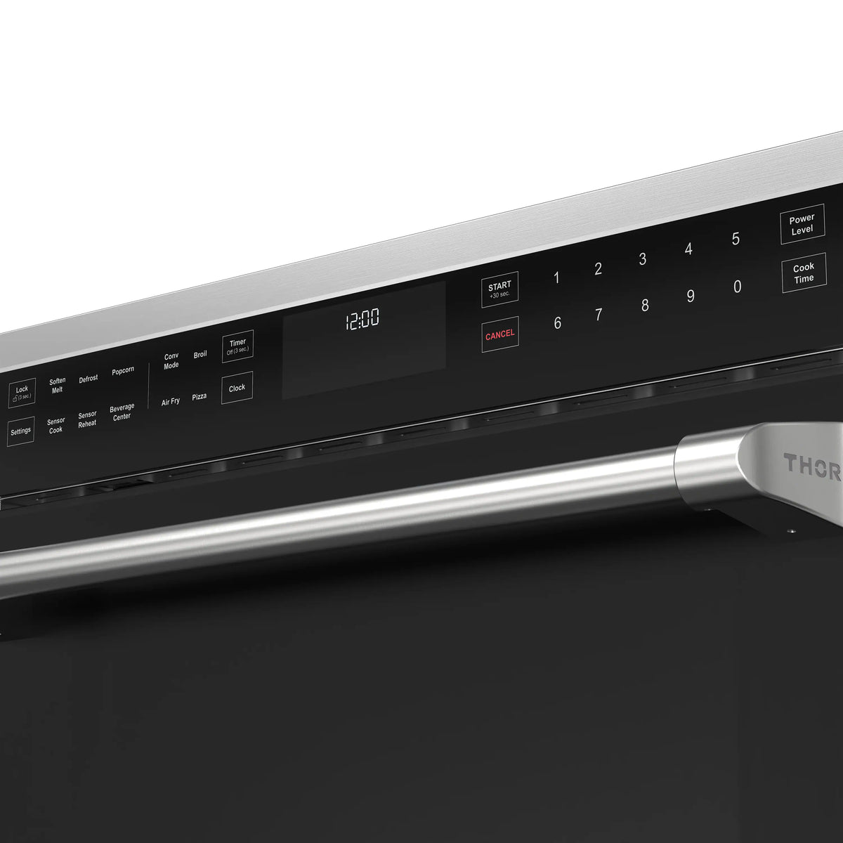 Built-in air fry microwave oven control panel with digital display and numeric keypad