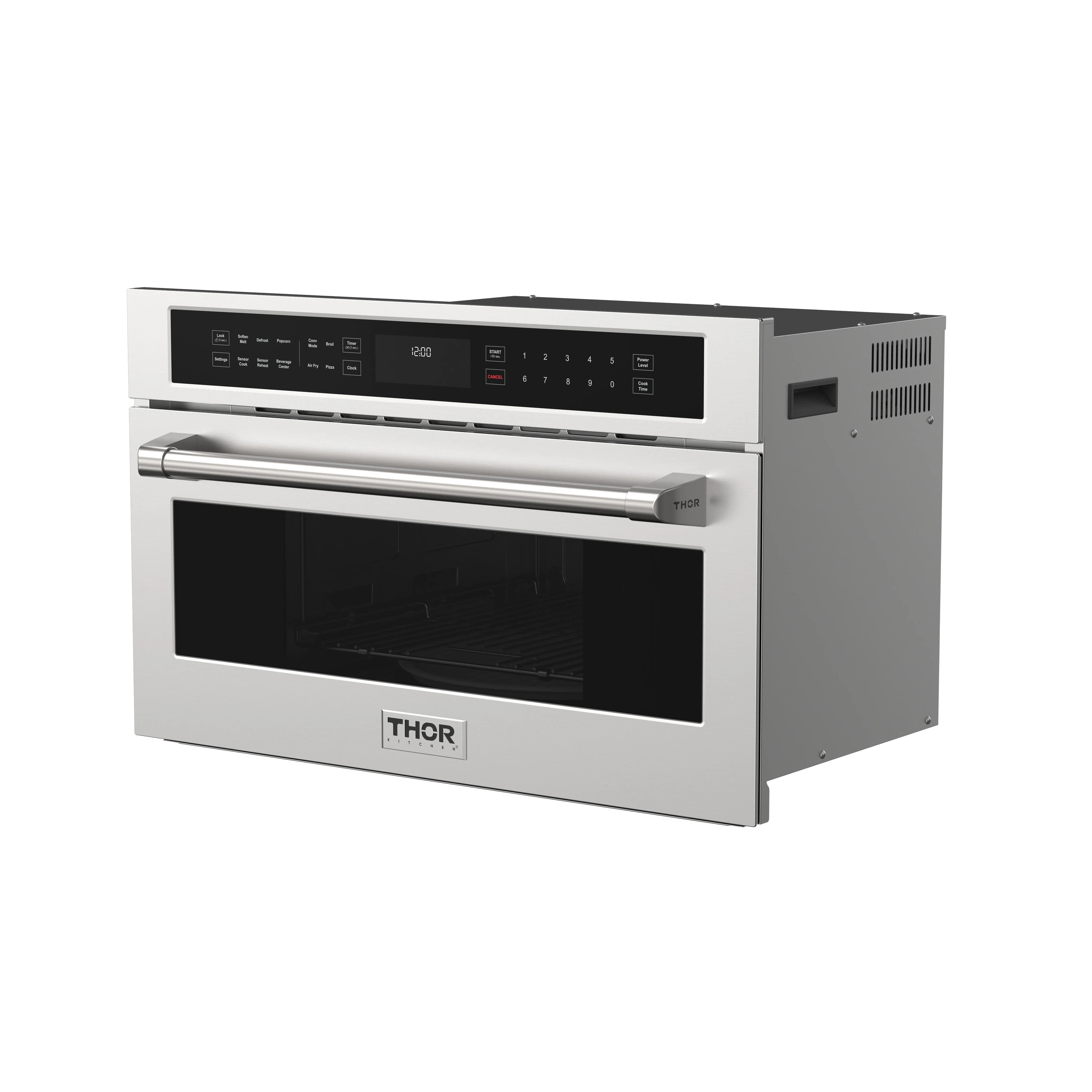 Stainless built-in microwave oven with black glass door and control panel.