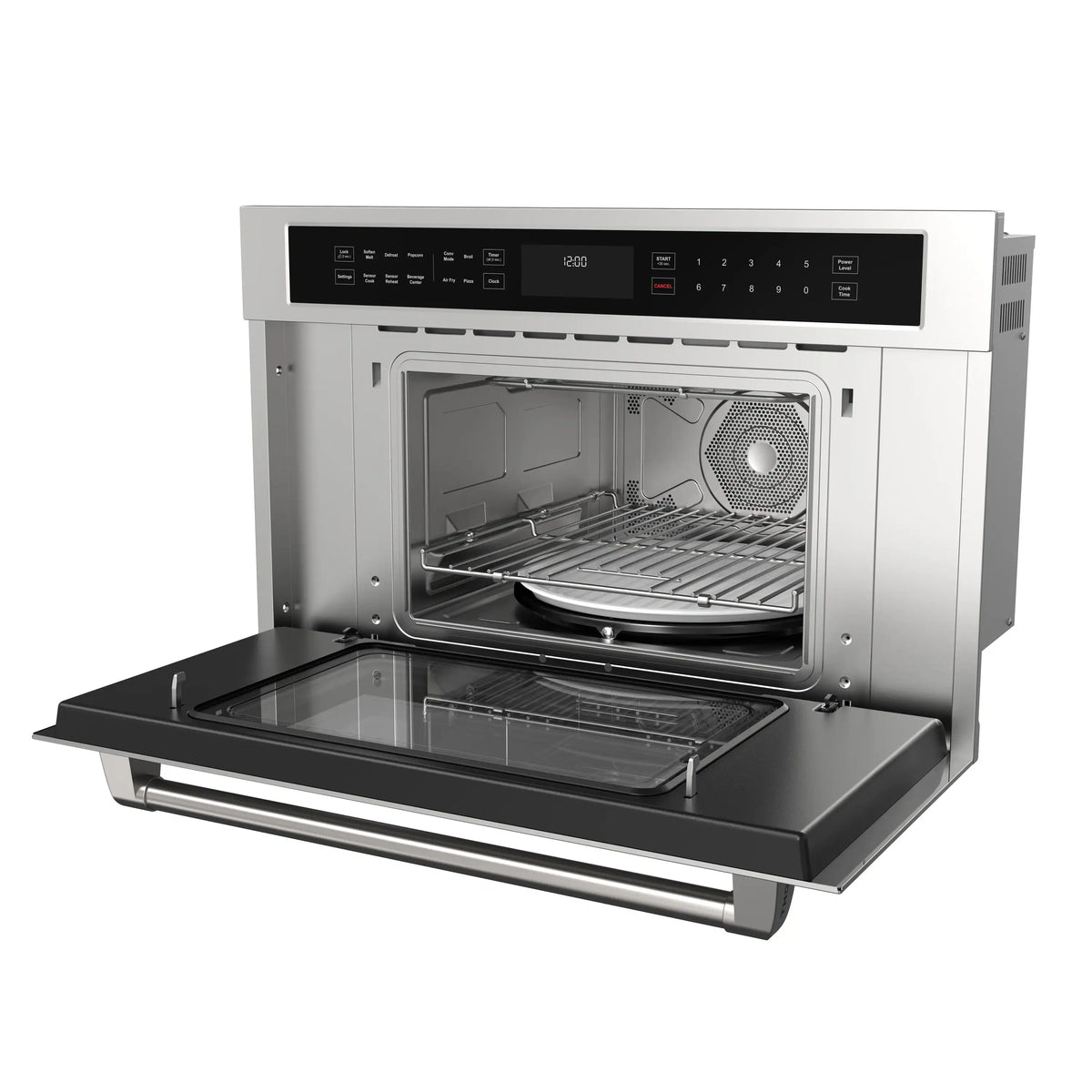 Stainless microwave oven with open door, air fry basket, and grill rack visible.