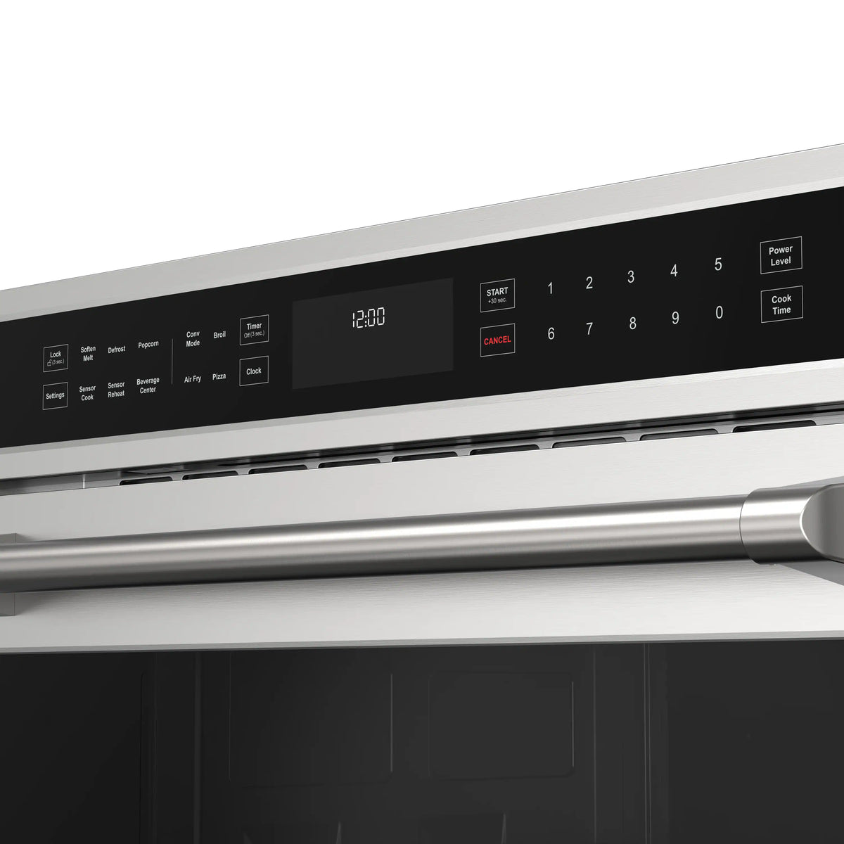 Close-up of stainless microwave control panel with digital timer display and buttons.