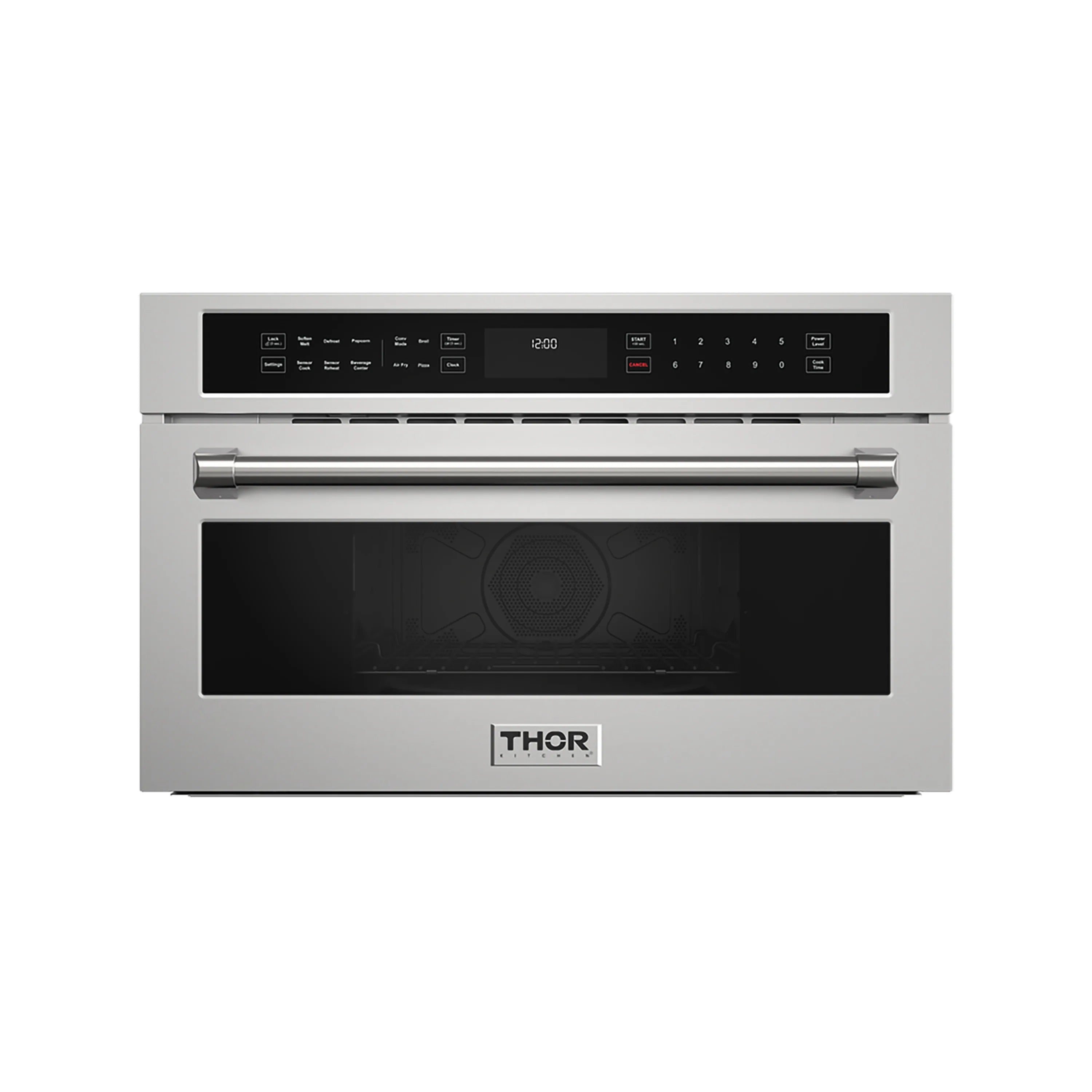 Stainless steel wall oven front with black glass door and centered brand badge