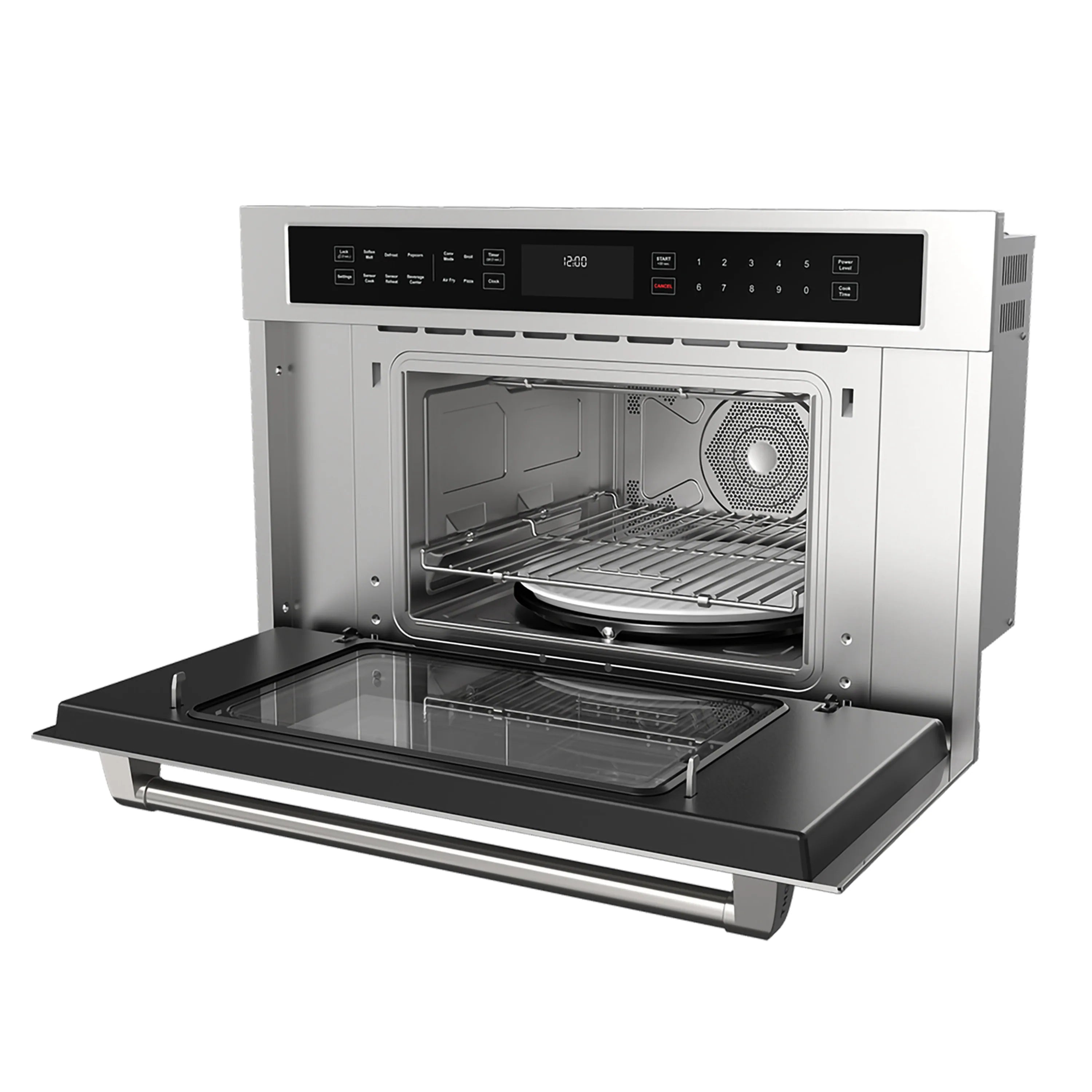 Stainless steel wall oven door open showing broil rack and roasting tray