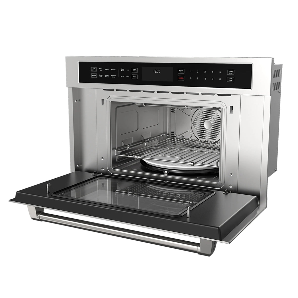 Stainless steel electric wall oven with open door, interior rack, and side fan