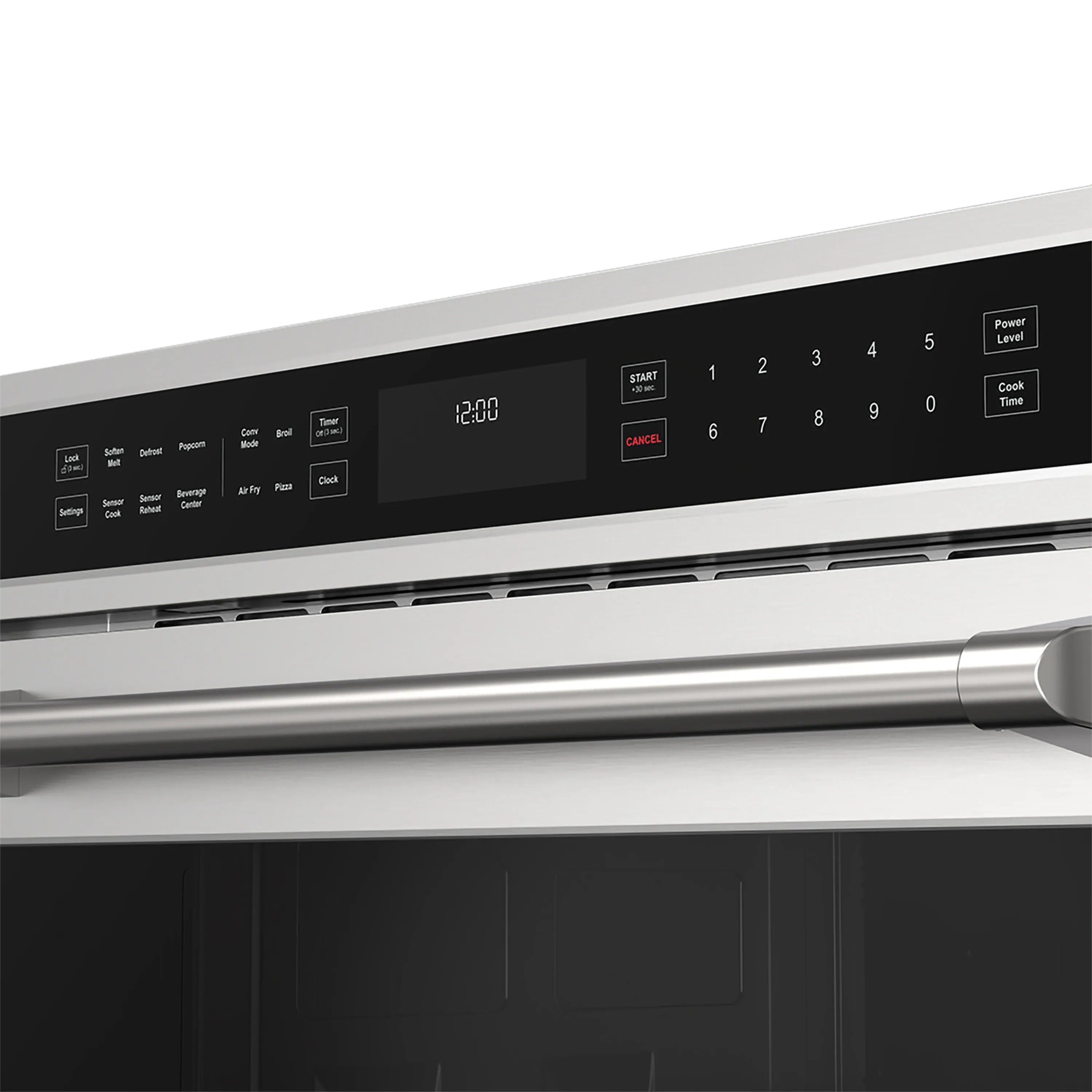 Stainless steel wall oven control panel with digital clock and button keypad