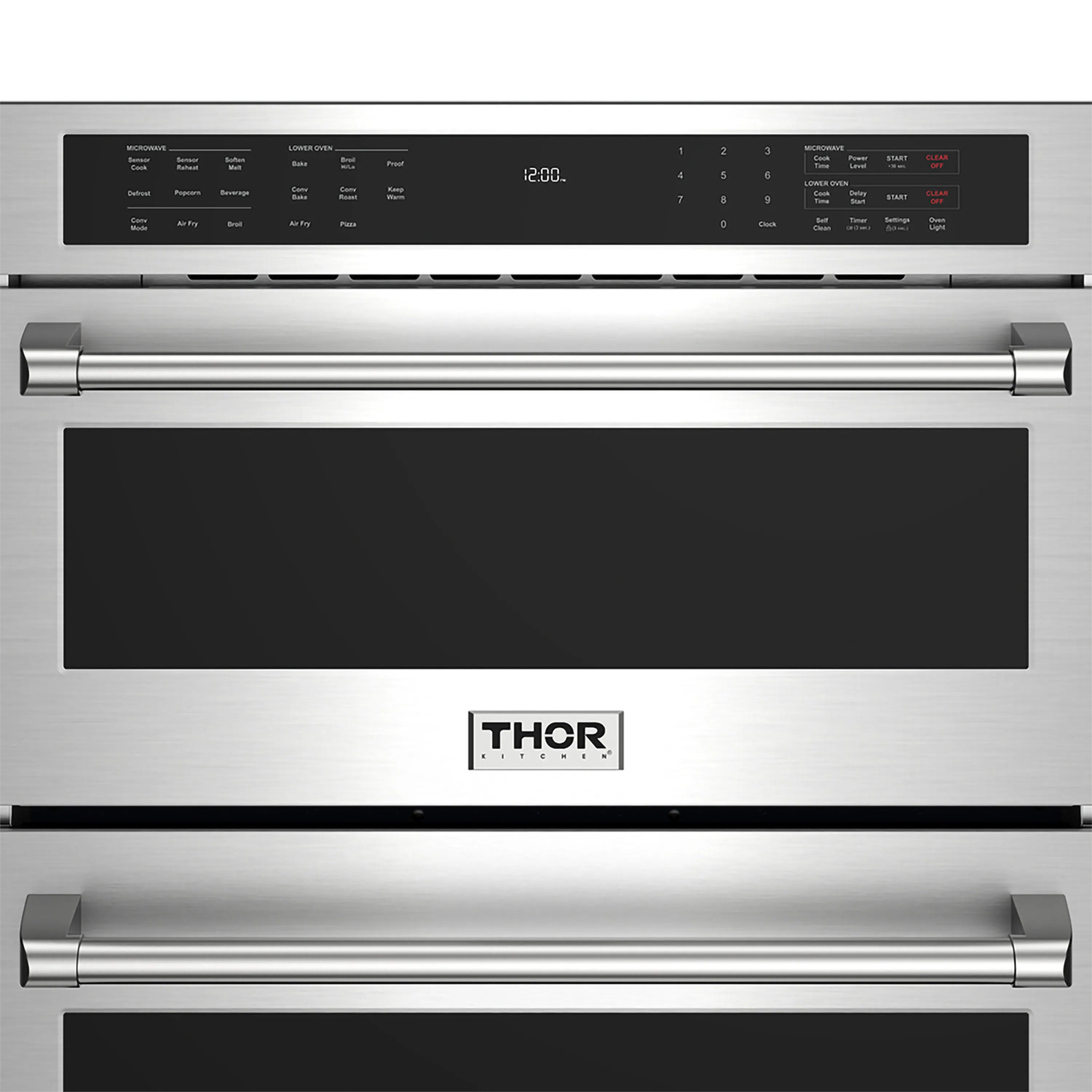 Stainless Thor combination wall oven with microwave top and two black glass doors, panel controls
