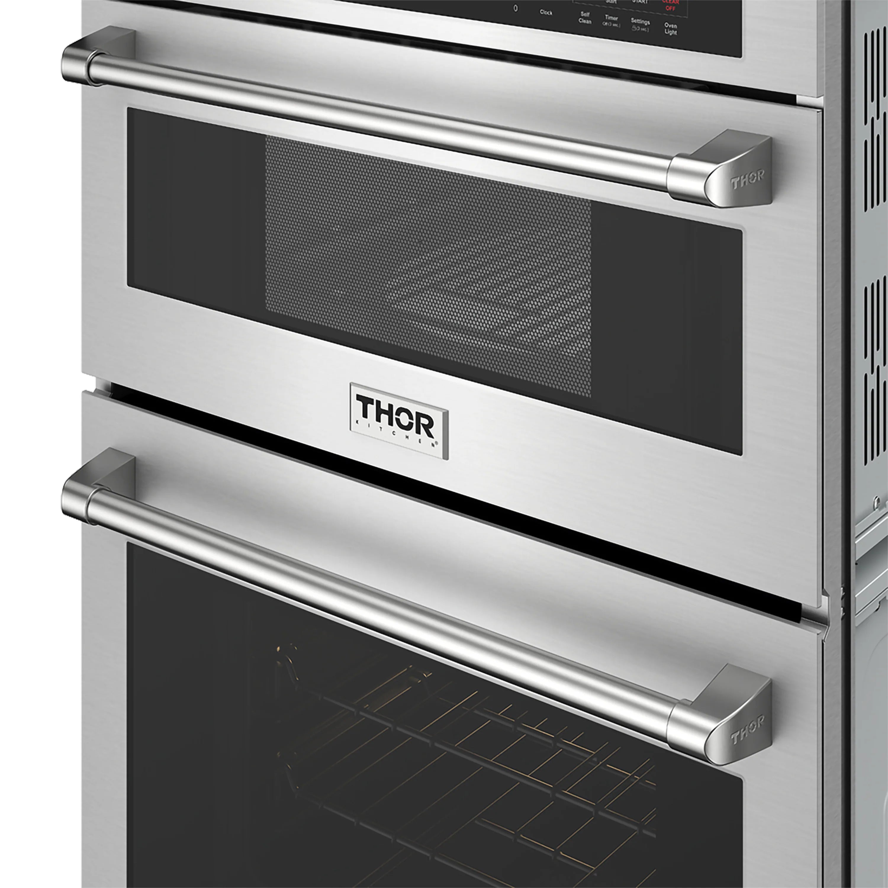 Thor stainless wall oven microwave door with black window and side vents, two metal handles