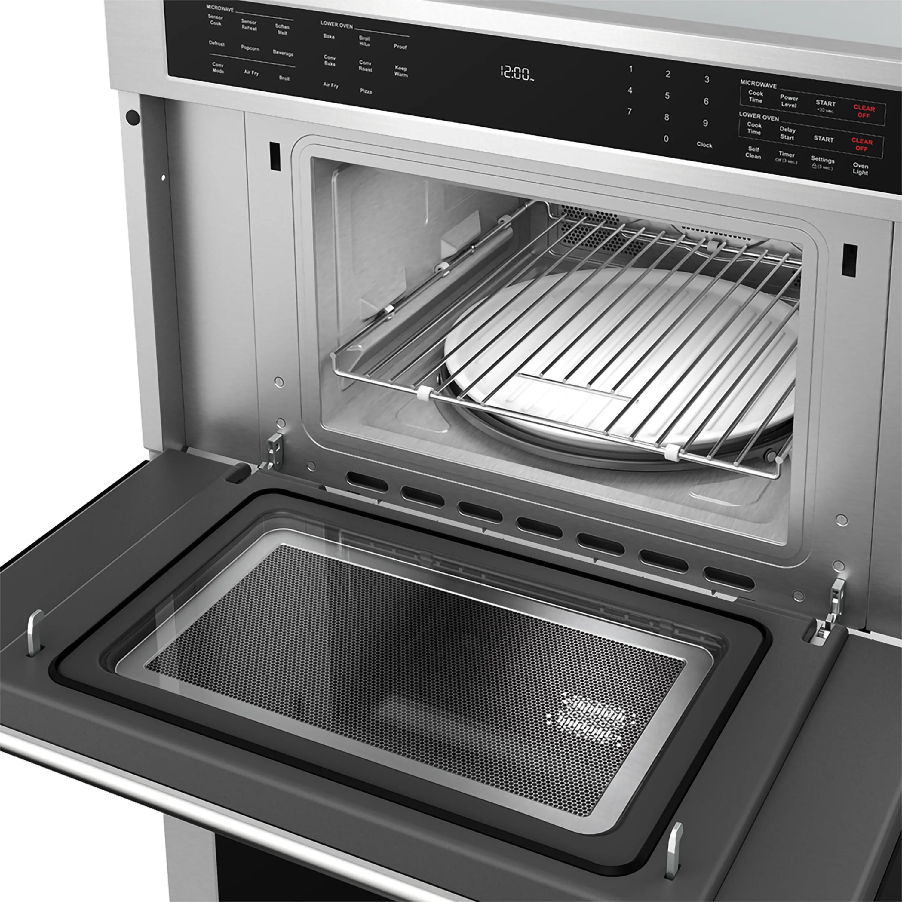 Thor stainless wall oven with upper door open, oven rack visible, lower drawer compartment
