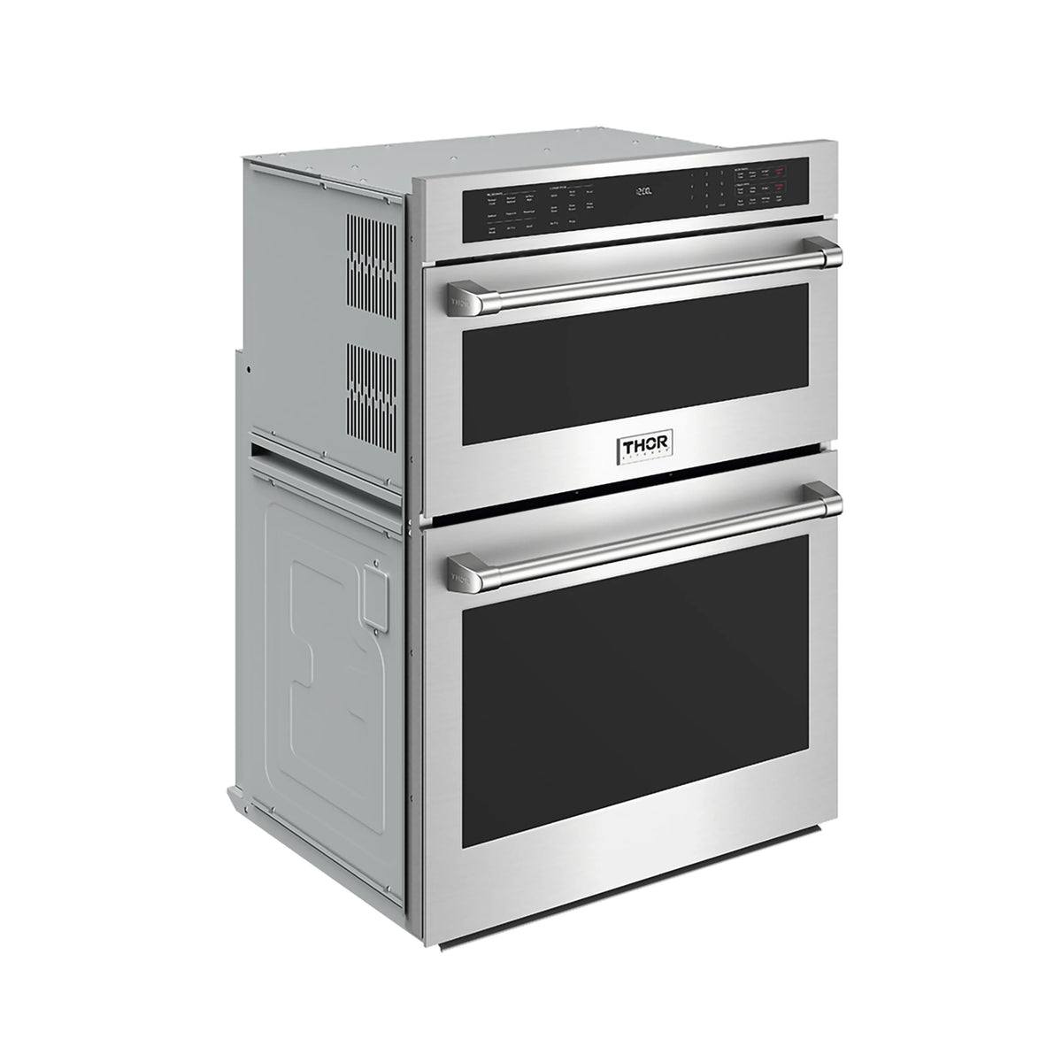 Thor stainless combination wall oven with microwave top and two black doors, brushed metal finish