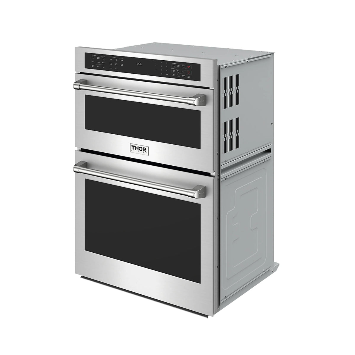 Thor stainless combination wall oven with microwave and two black doors, side air vents visible