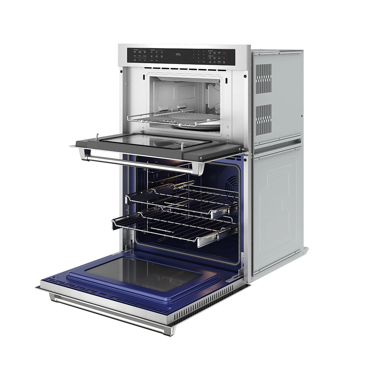 Thor wall oven with upper door open and lower cavity exposed; racks and trays visible
