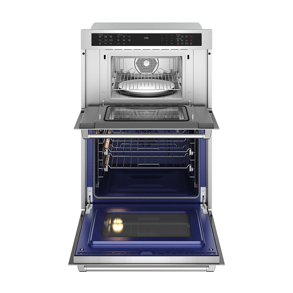 Thor stainless wall oven with oven door open; circular rack and lower baking cavity shown