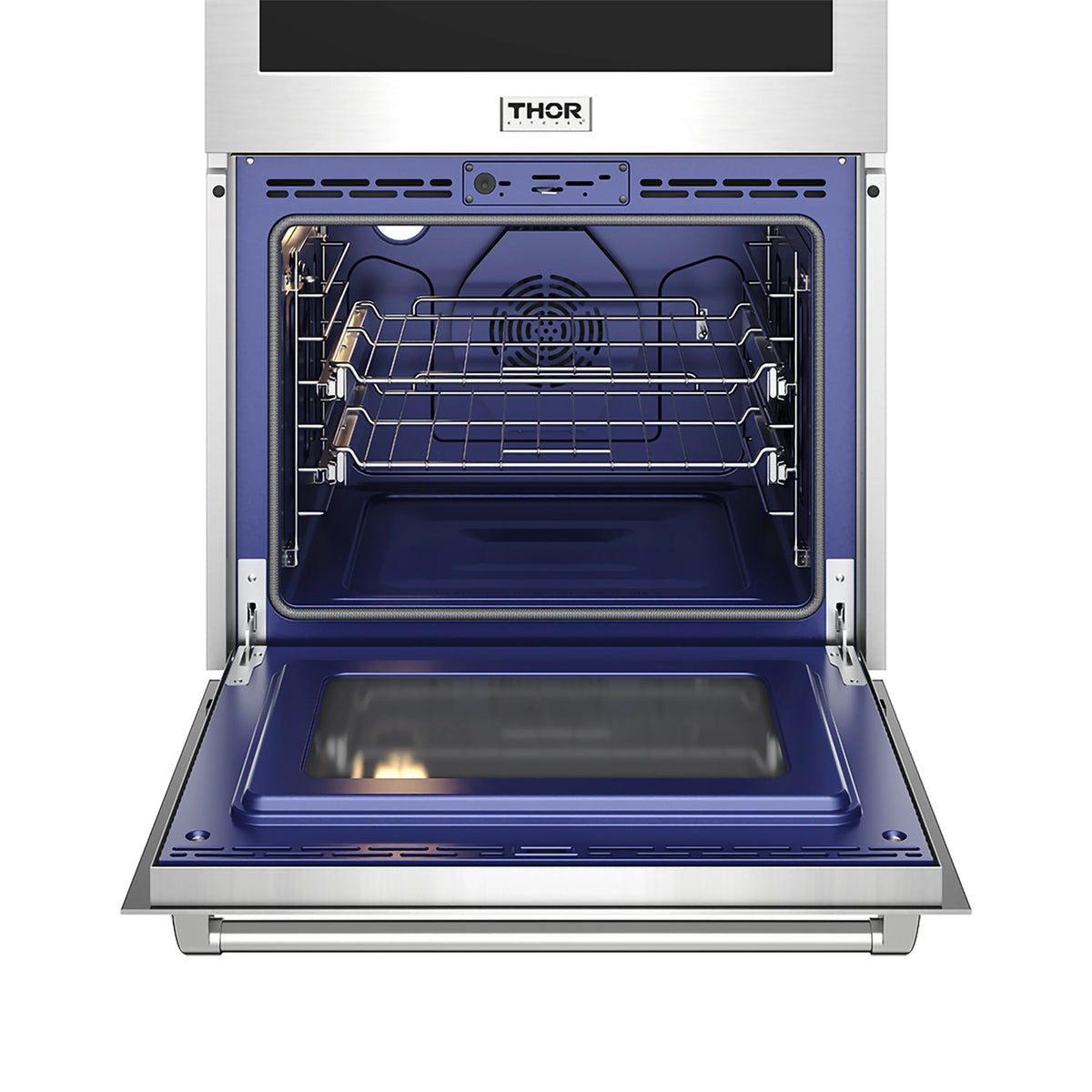 Thor wall oven interior with upper racks and blue enamel cavity, control light on front