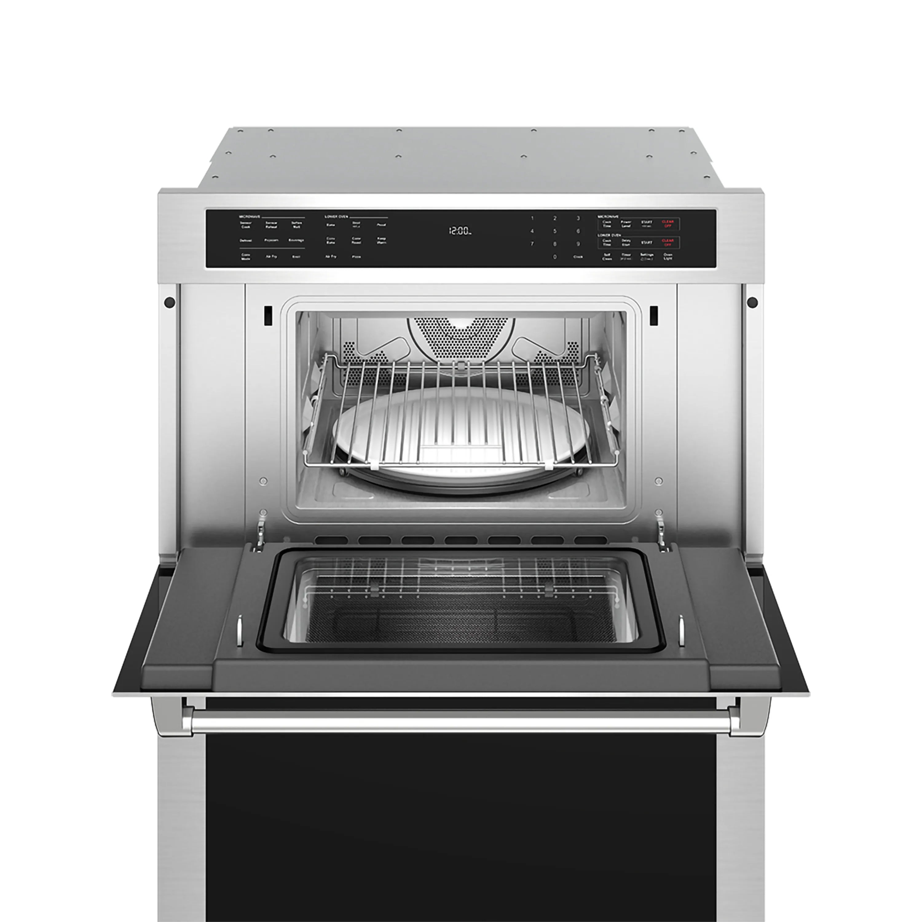 Thor stainless wall oven with upper cavity open, fan visible, lower baking compartment