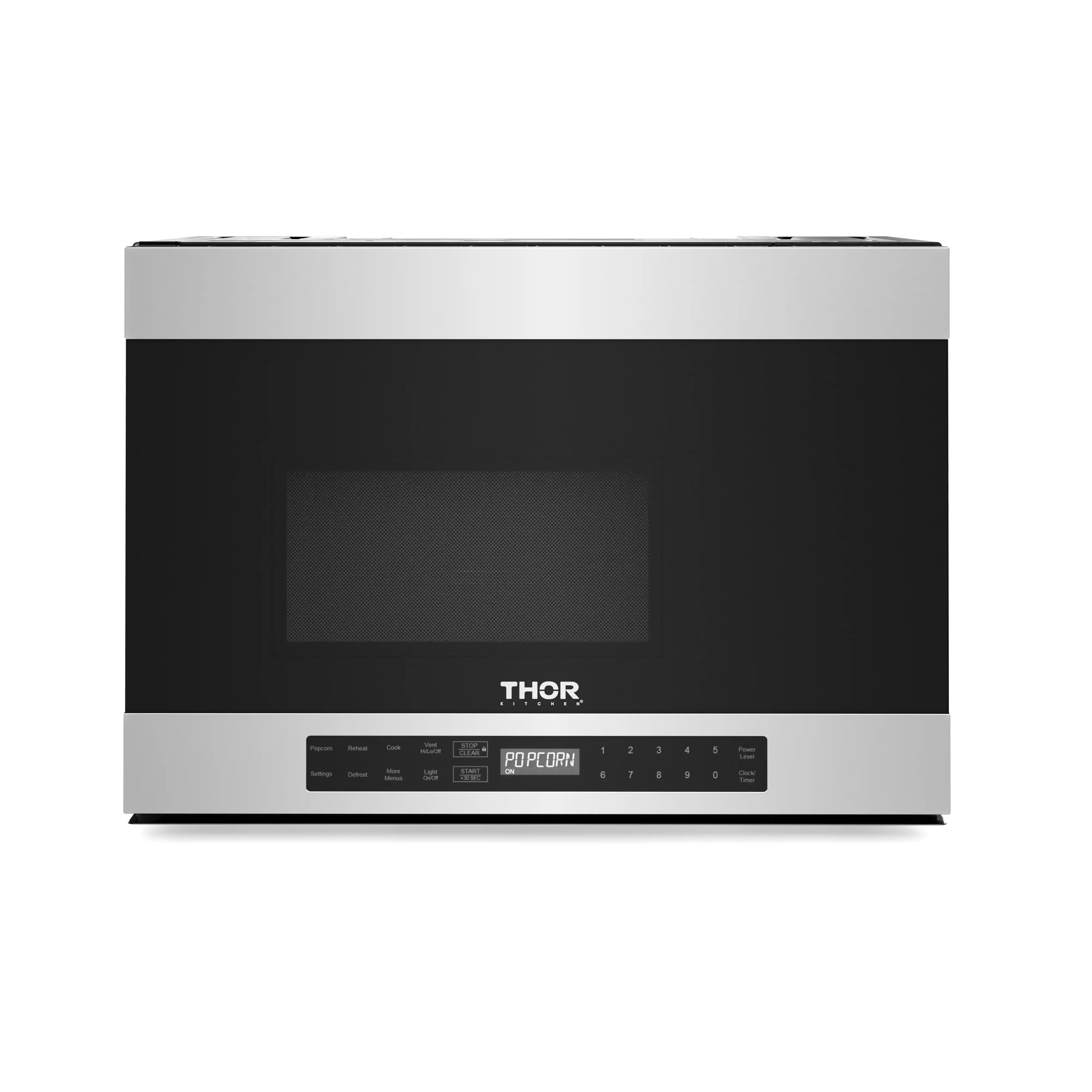 Thor Kitchen over-the-range microwave and vent hood, front view with control panel and display
