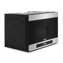 Thor Kitchen over-the-range microwave and vent hood, angled side view, black body and stainless top